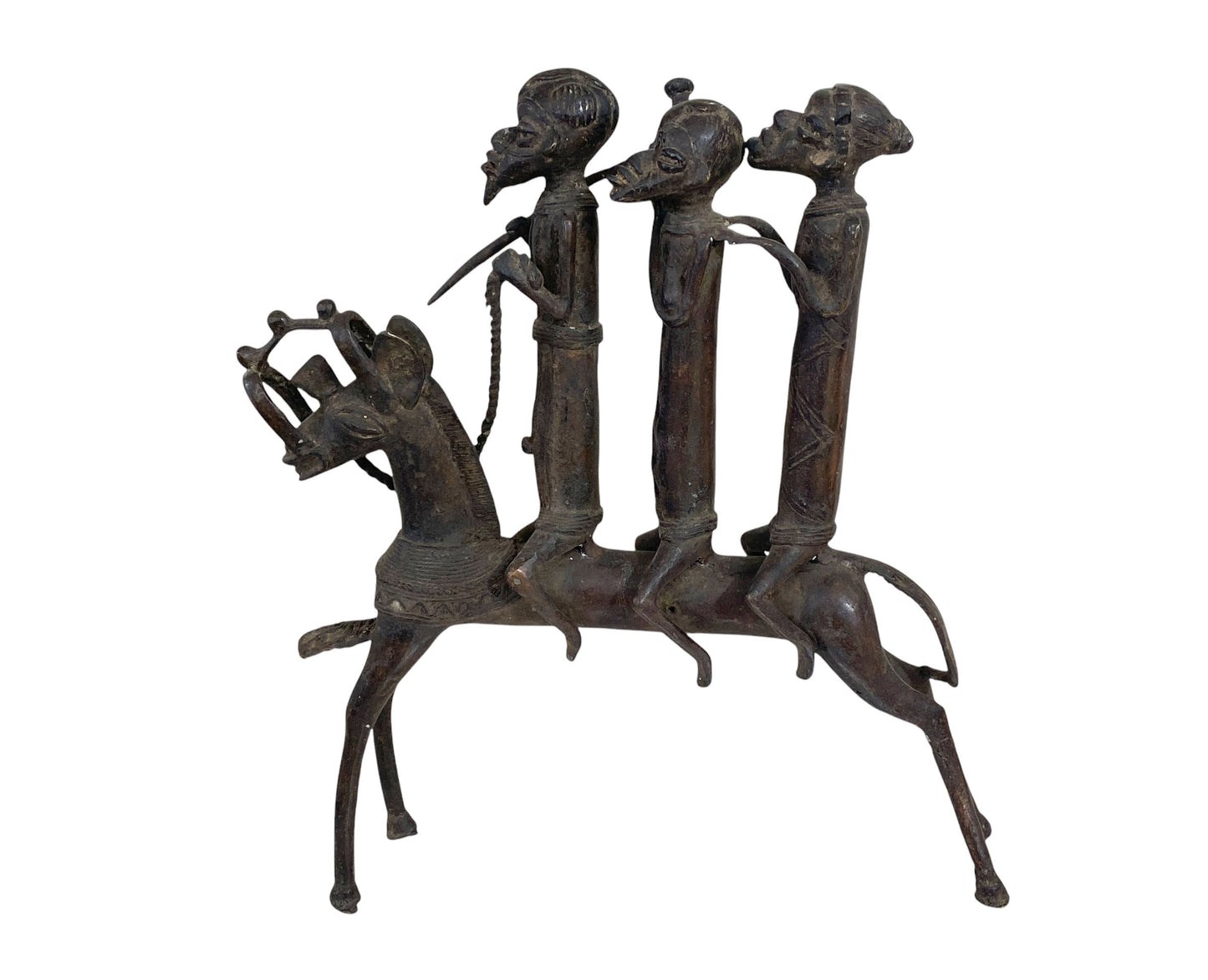 #6262 LG African Kotoko Bronze Horseman W/ 3 Companions 17" H Chad