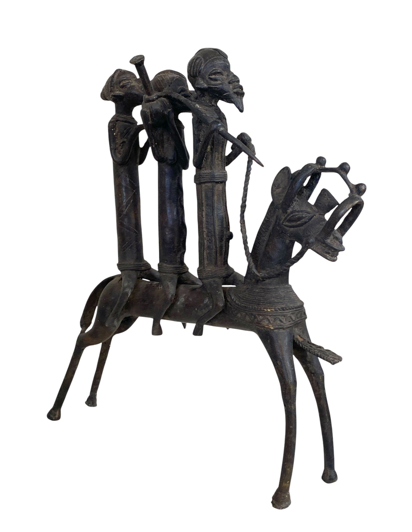 #6262 LG African Kotoko Bronze Horseman W/ 3 Companions 17" H Chad