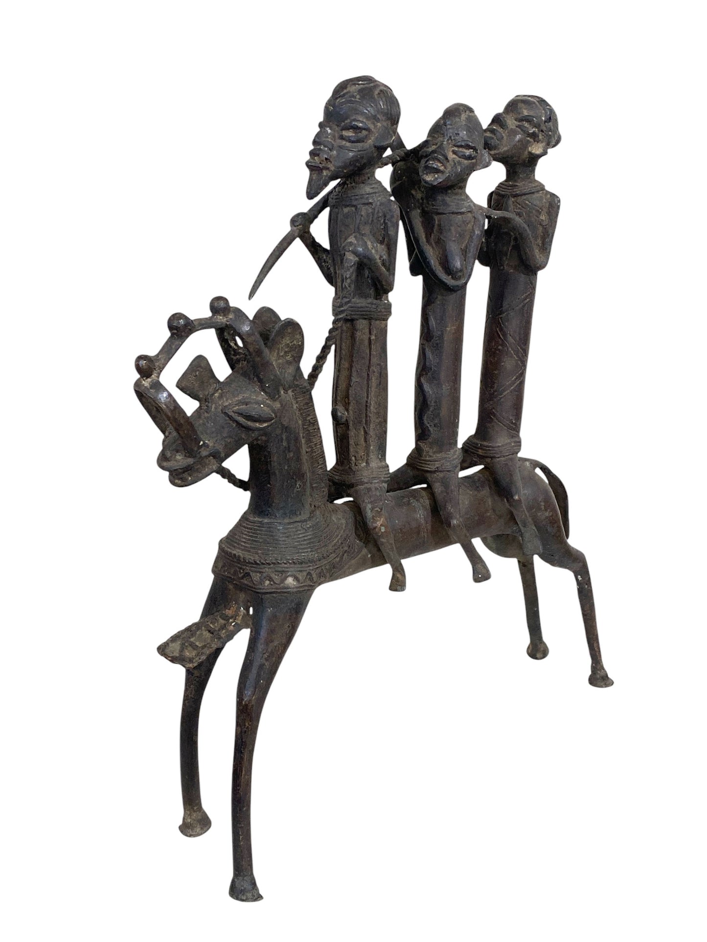 #6262 LG African Kotoko Bronze Horseman W/ 3 Companions 17" H Chad