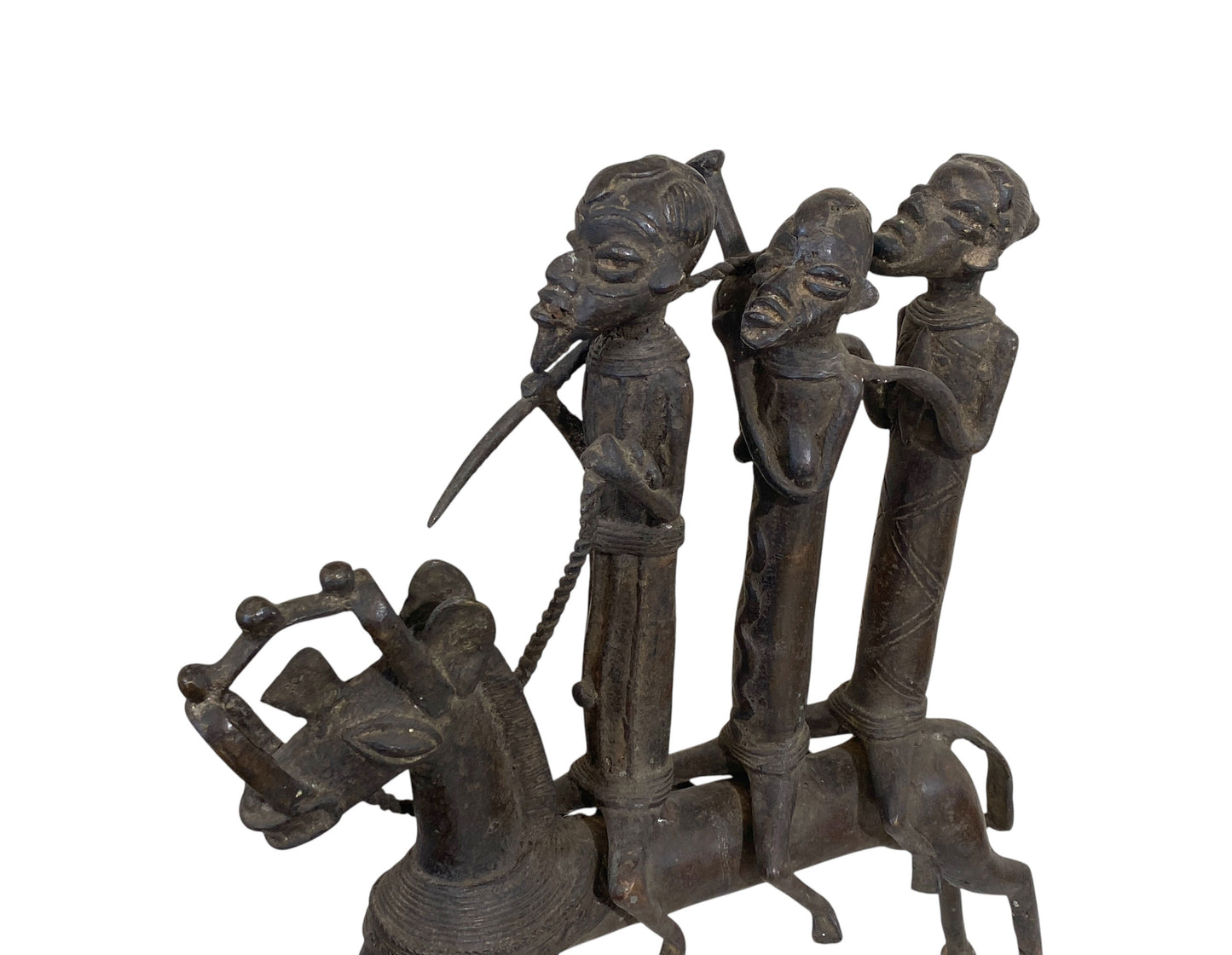 #6262 LG African Kotoko Bronze Horseman W/ 3 Companions 17" H Chad