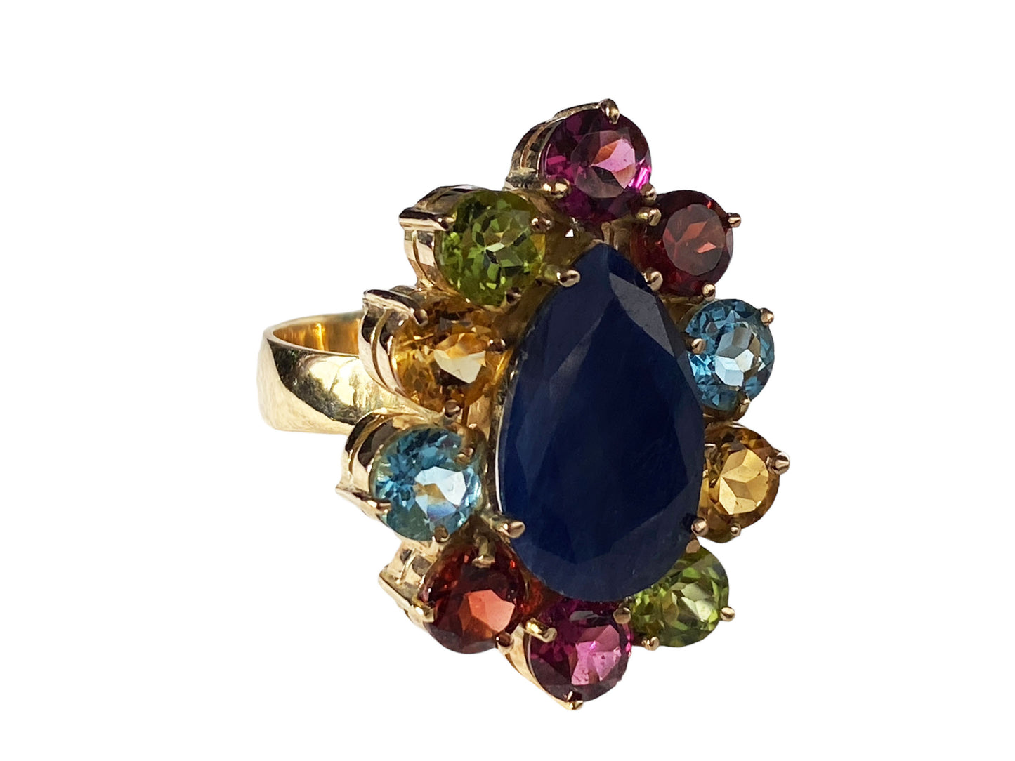 #881 Superb 18K Gold Sapphire Ring w / Assorted colored Brazilian stones 4.60 carats