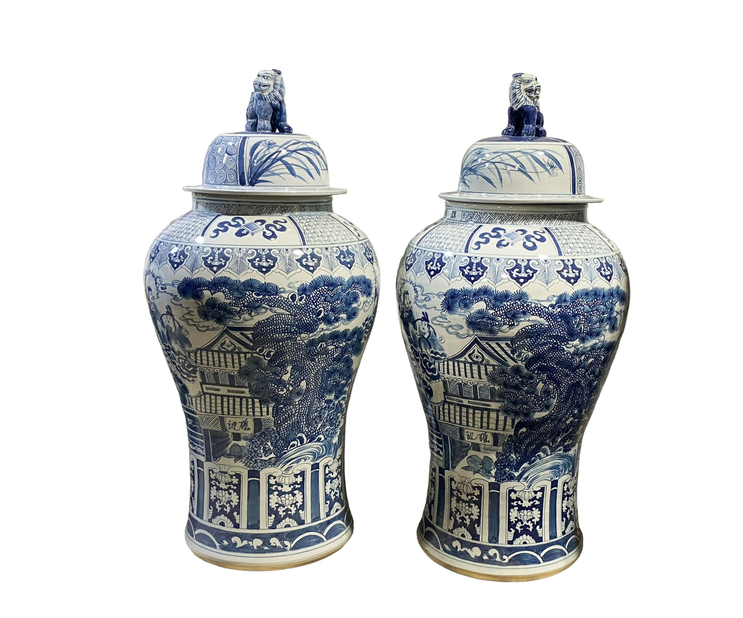 #6151 Mansion Size Chinoiserie Blue and White Porcelain Ginger Jars 47" H S/2