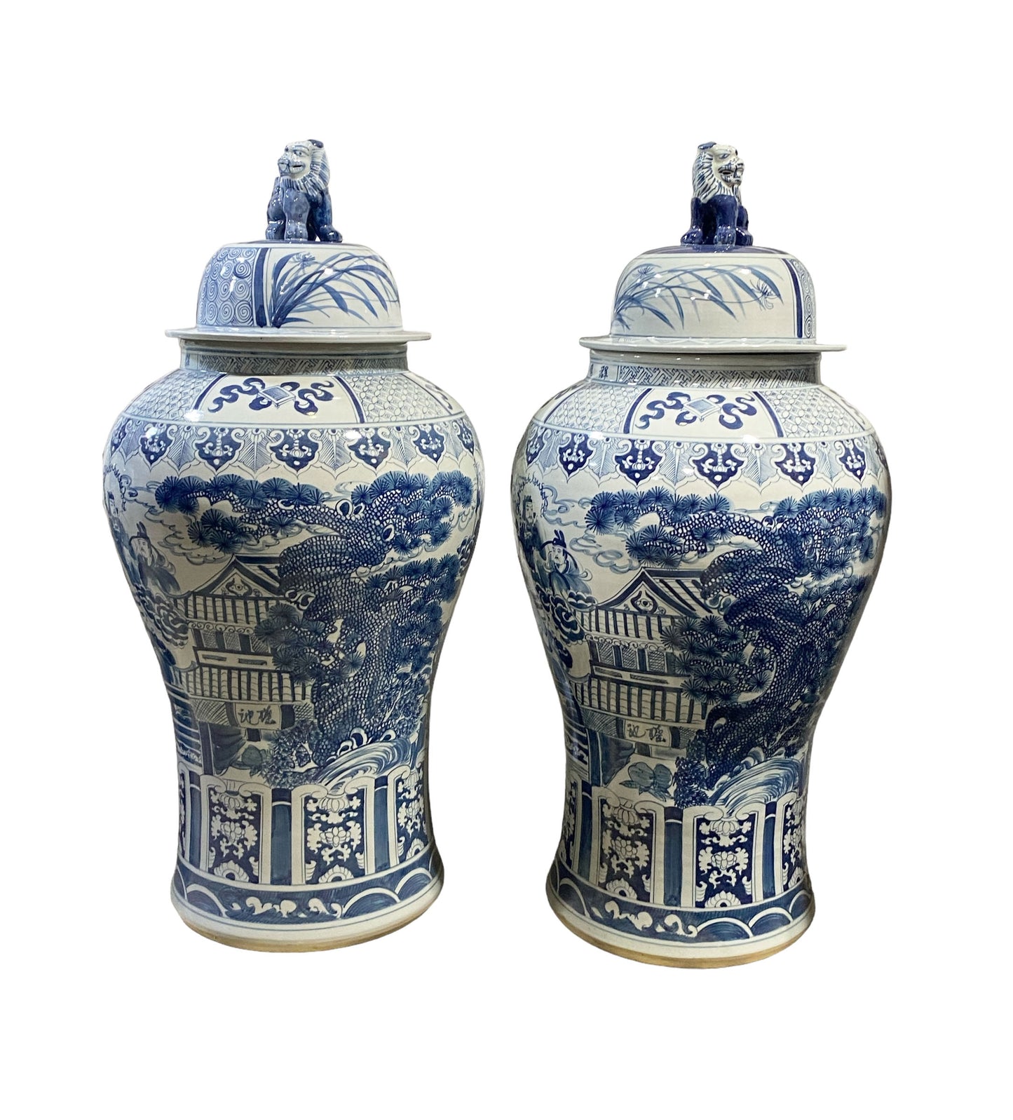 #6151 Mansion Size Chinoiserie Blue and White Porcelain Ginger Jars 47" H S/2