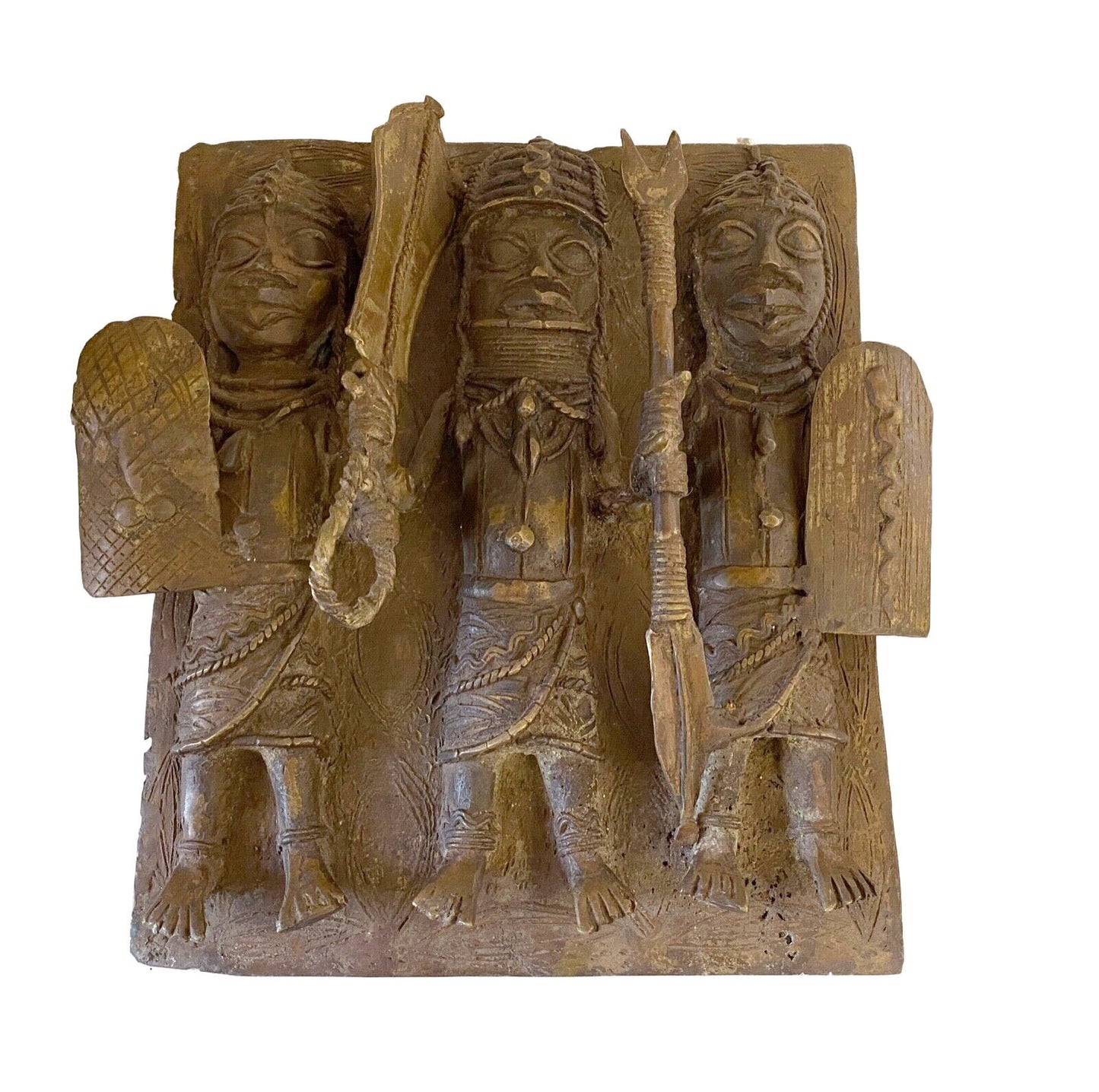 #3931  Vintage African Benin Bronze Plaque W/ Warriors 14" H