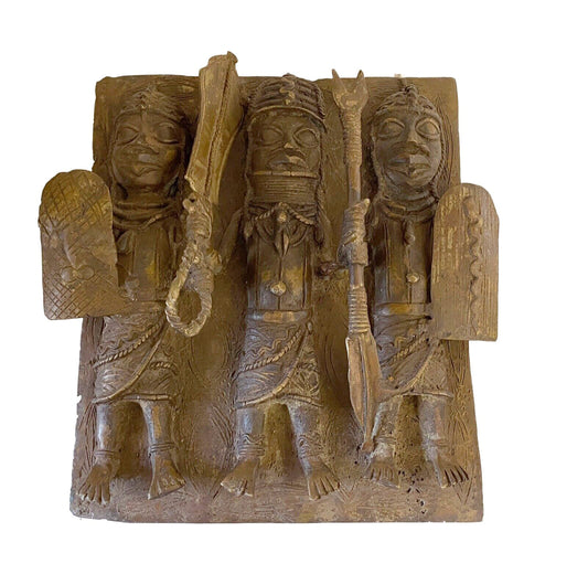 #3931  Vintage African Benin Bronze Plaque W/ Warriors 14" H