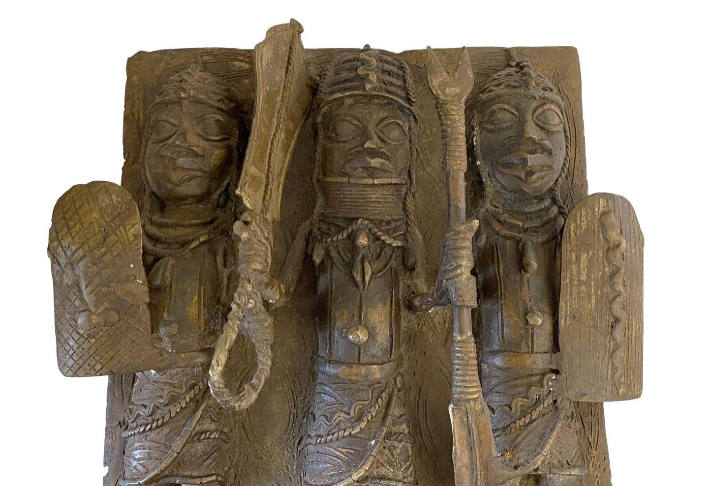 #3931  Vintage African Benin Bronze Plaque W/ Warriors 14" H