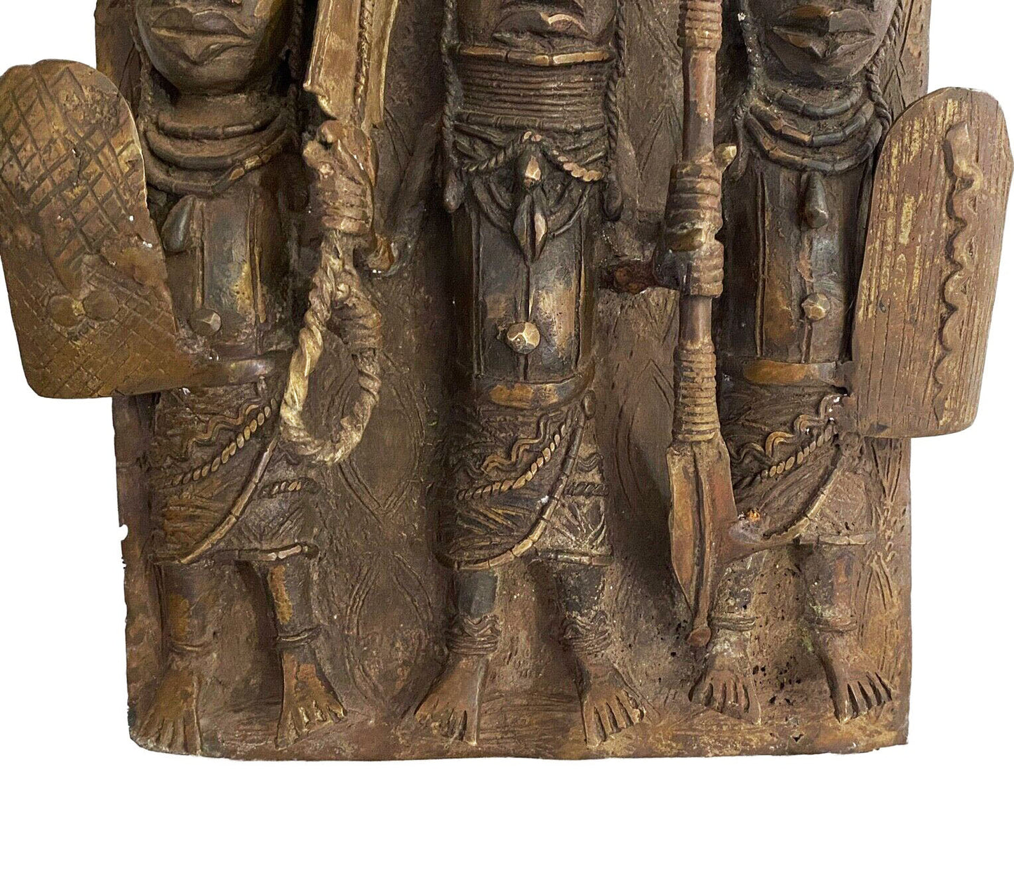 #3931  Vintage African Benin Bronze Plaque W/ Warriors 14" H