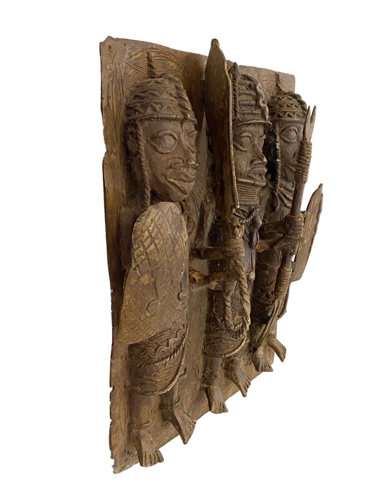 #3931  Vintage African Benin Bronze Plaque W/ Warriors 14" H
