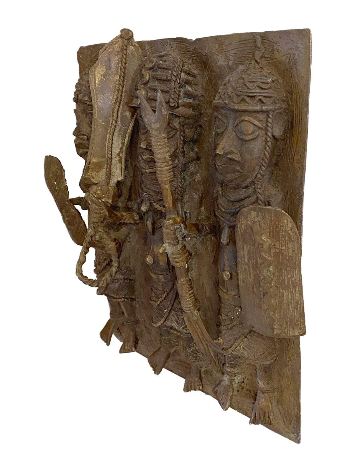 #3931  Vintage African Benin Bronze Plaque W/ Warriors 14" H