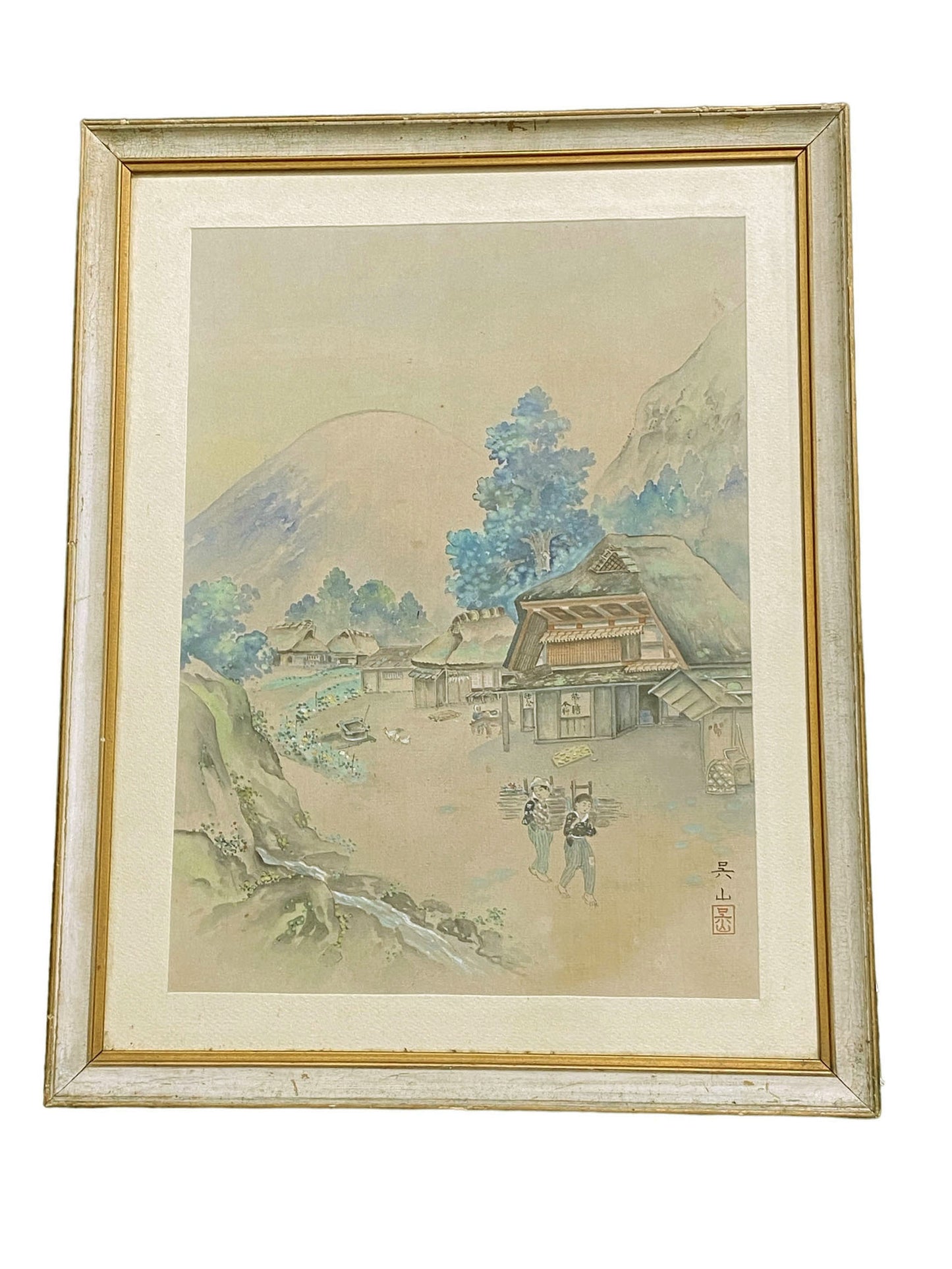 #6034 Old Water Color Painting on Chinese Silk Framed 22.5" H