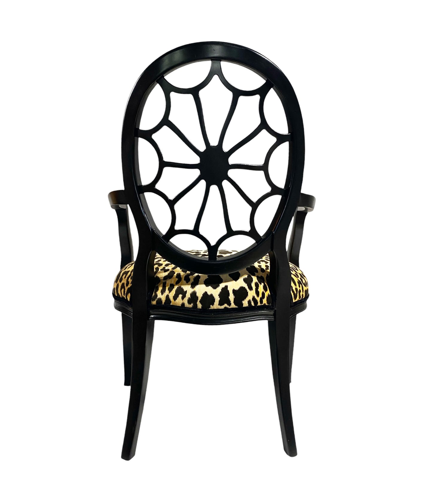 #4435 Hepplewhite Style Black Lacquer Spider Back Armchair w/Animal Print