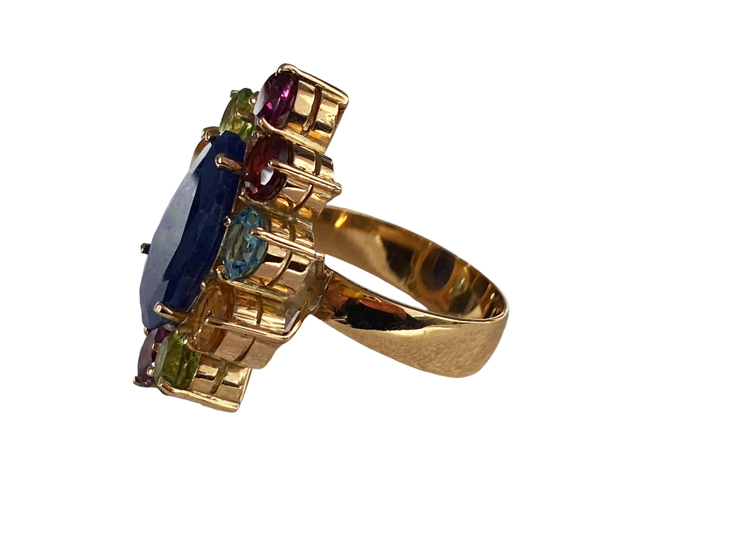 #881 Superb 18K Gold Sapphire Ring w / Assorted colored Brazilian stones 4.60 carats