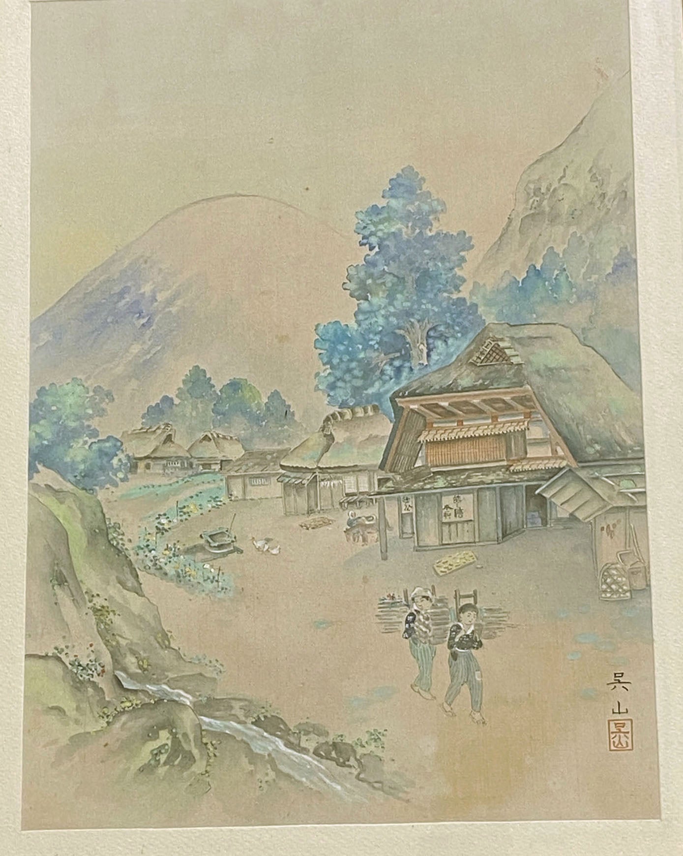 #6034 Old Water Color Painting on Chinese Silk Framed 22.5" H