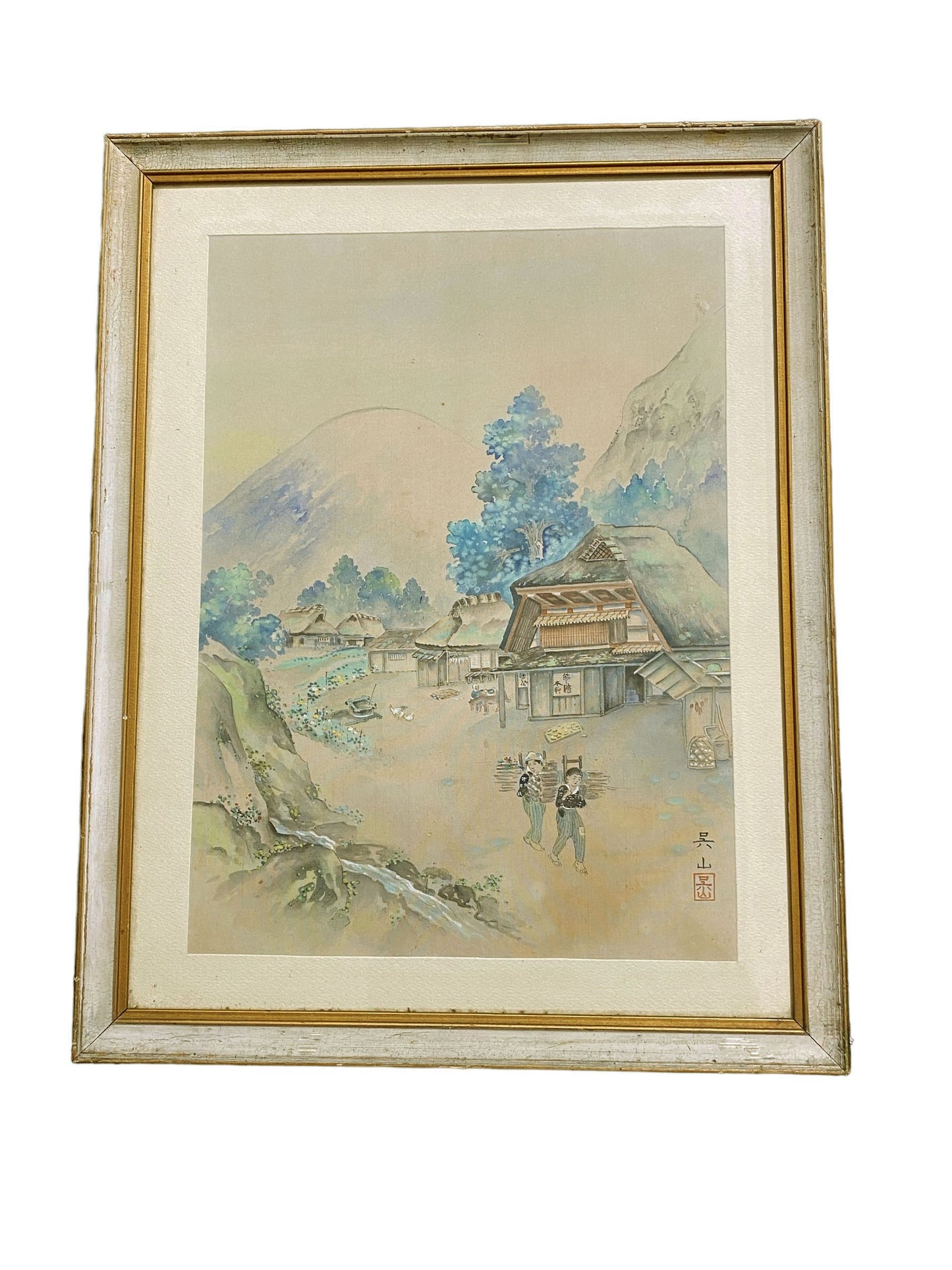 #6034 Old Water Color Painting on Chinese Silk Framed 22.5" H