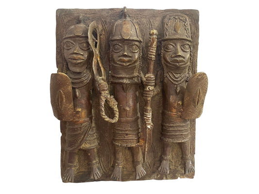 #3929  Vintage African Benin Bronze Plaque W/ Warriors 13.5" H