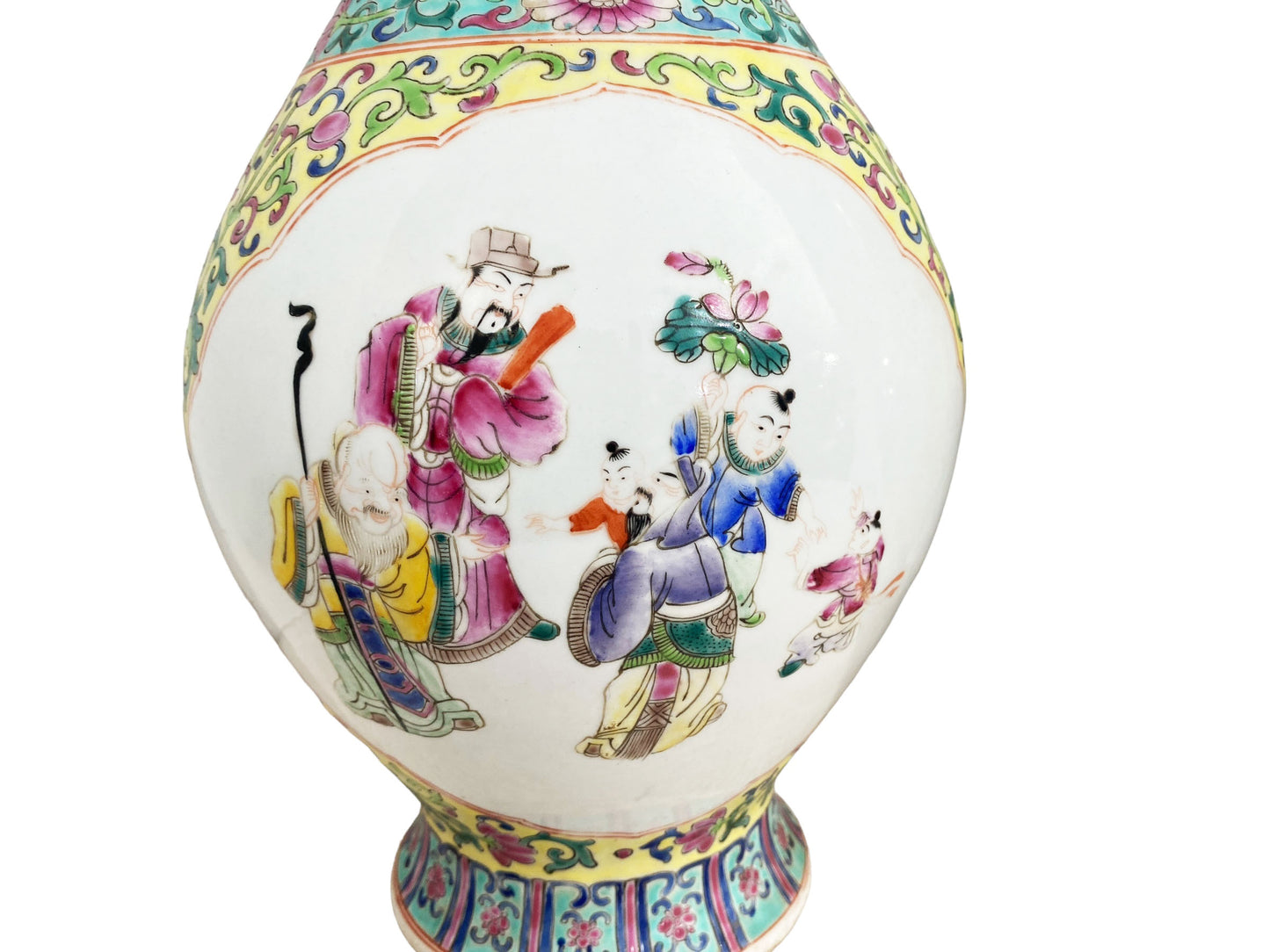 #2359 Vintage Set of Two Famille Jaune Style Vases With Figures