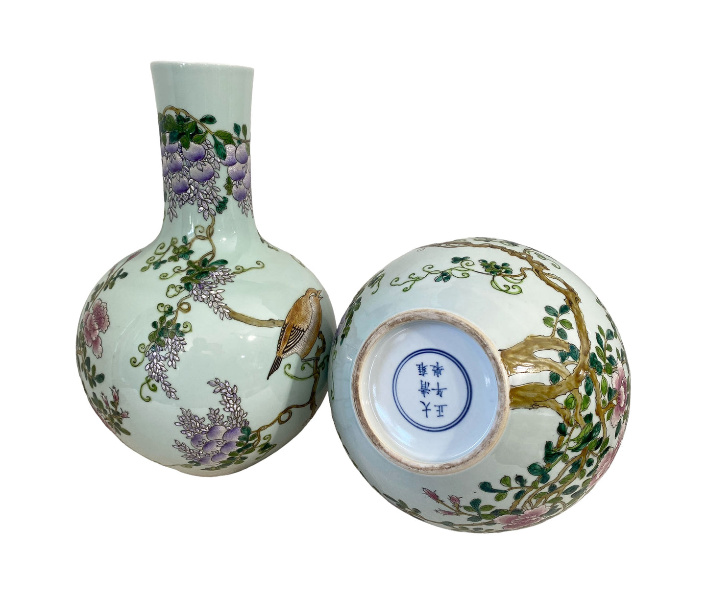 #6145 Chinoiserie Vintage Porcelain Celadon Onion Shaped Vases Set of Two 16.75 " H