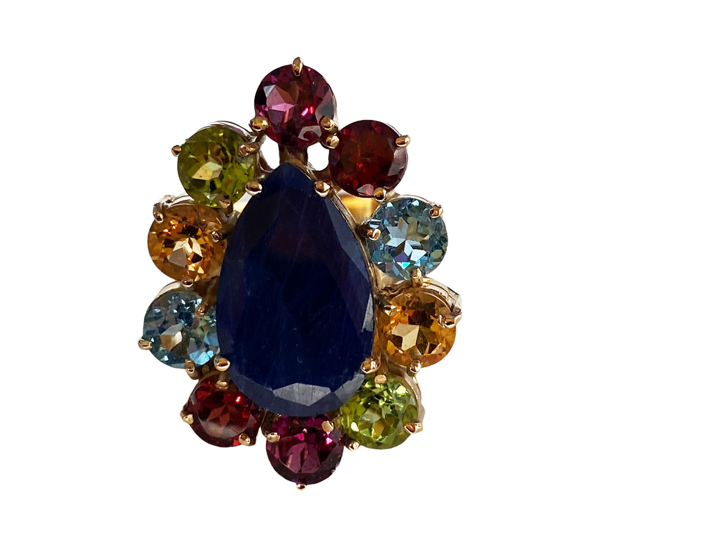 #881 Superb 18K Gold Sapphire Ring w / Assorted colored Brazilian stones 4.60 carats