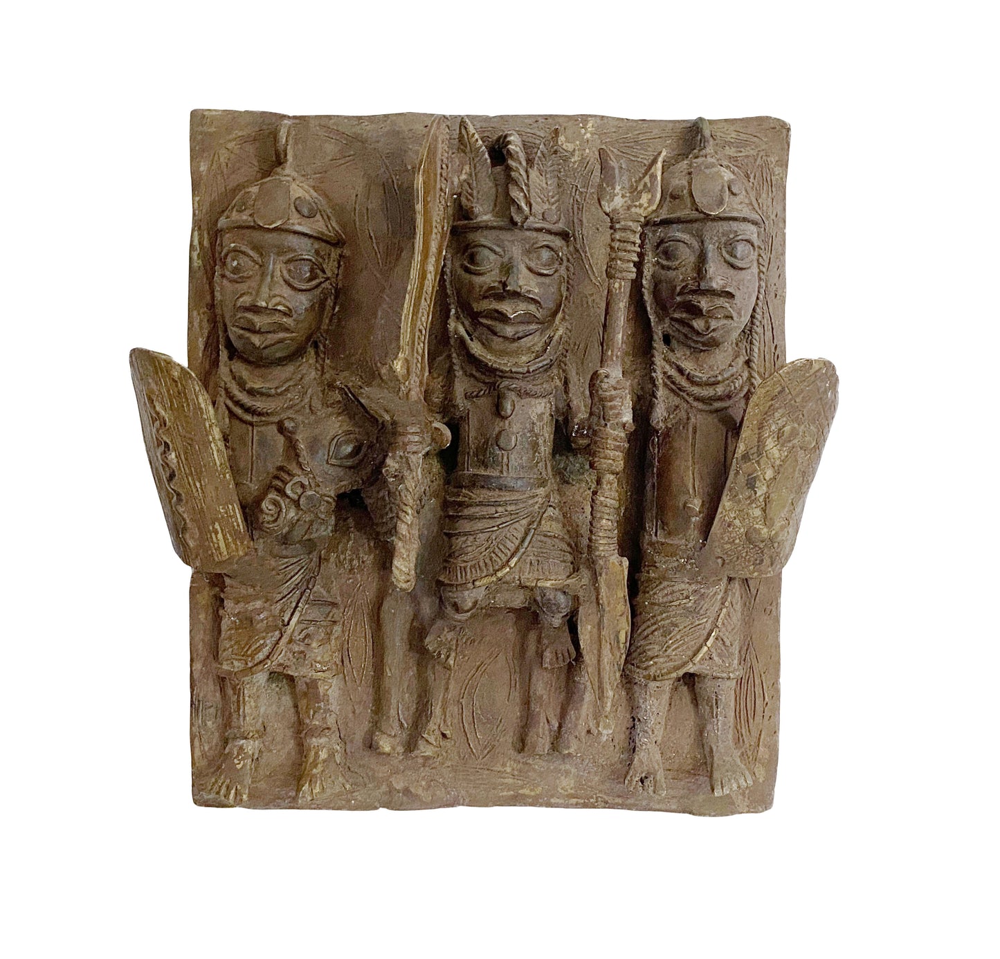 #3925 African Benin Bronze Plaque W/ Warriors 13.25" H