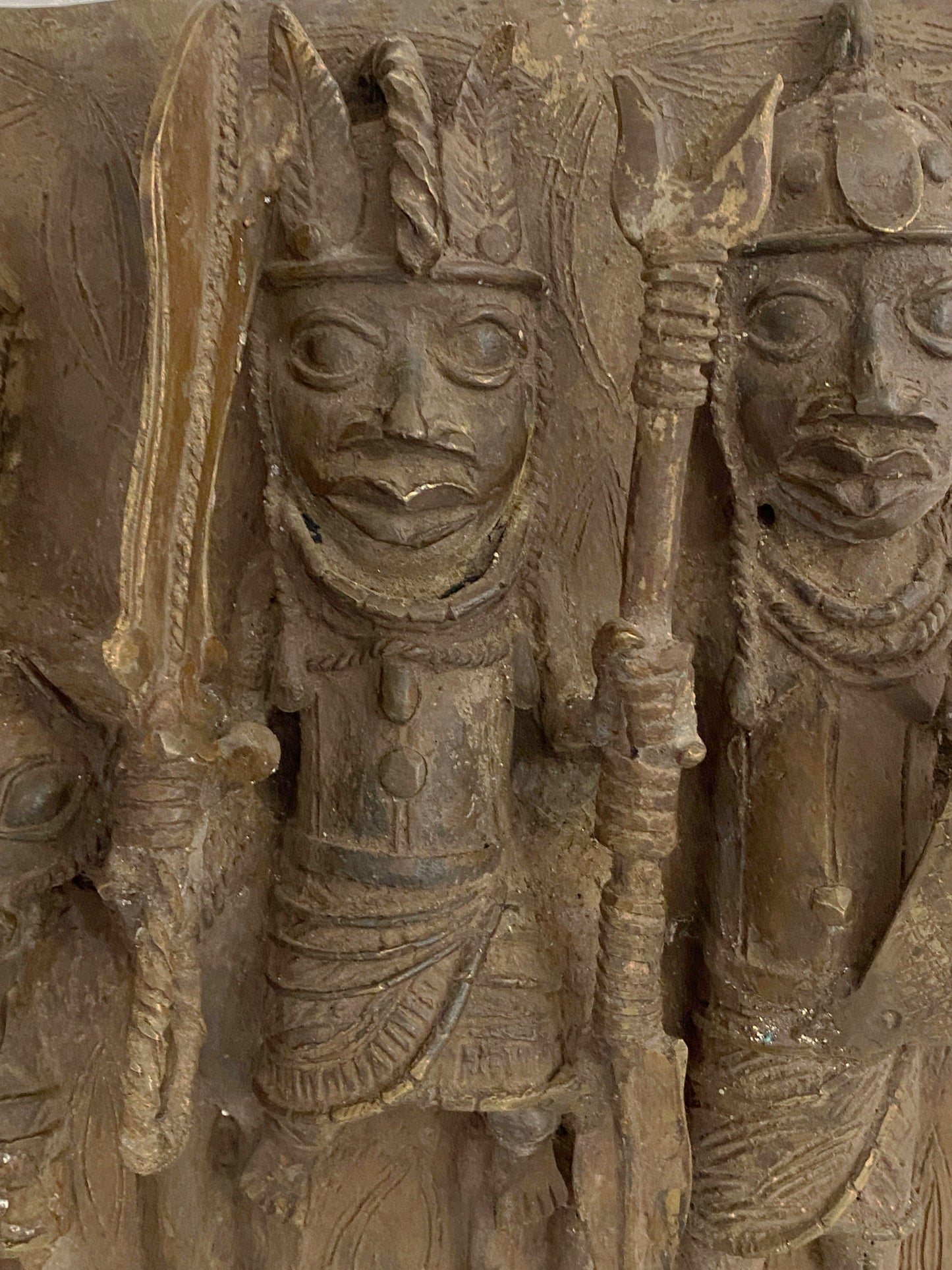 #3925 African Benin Bronze Plaque W/ Warriors 13.25" H