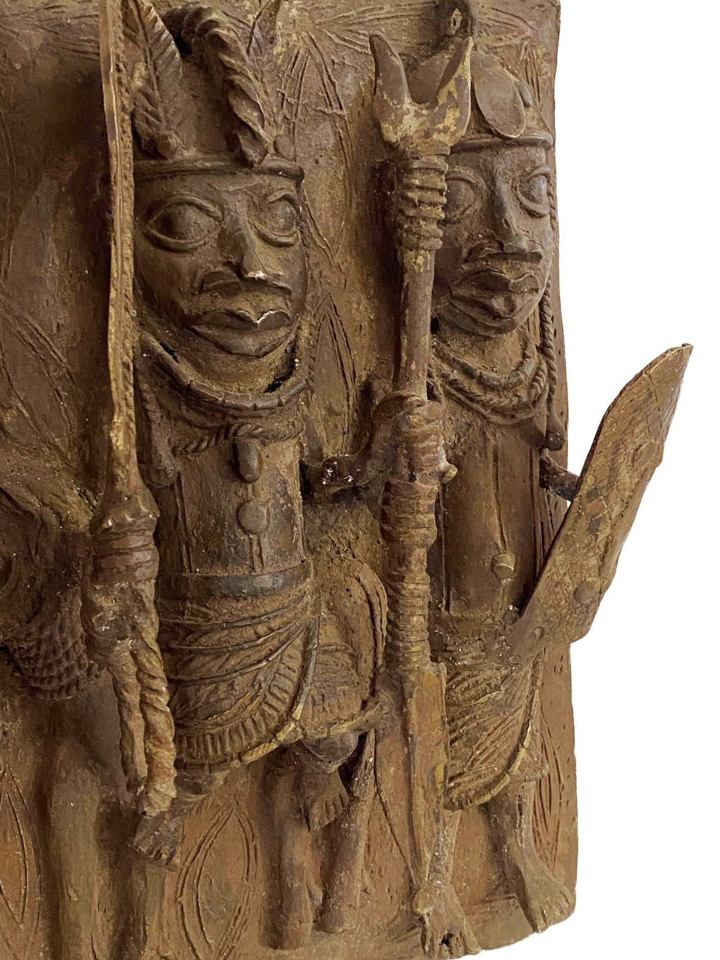 #3925 African Benin Bronze Plaque W/ Warriors 13.25" H