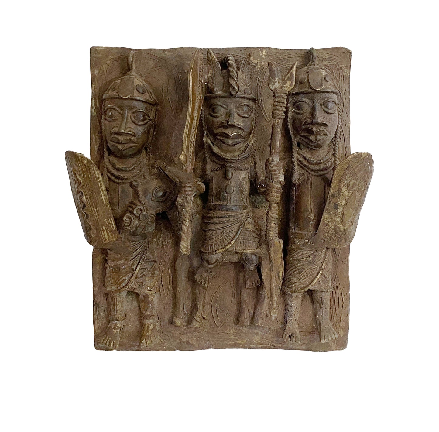 #3925 African Benin Bronze Plaque W/ Warriors 13.25" H