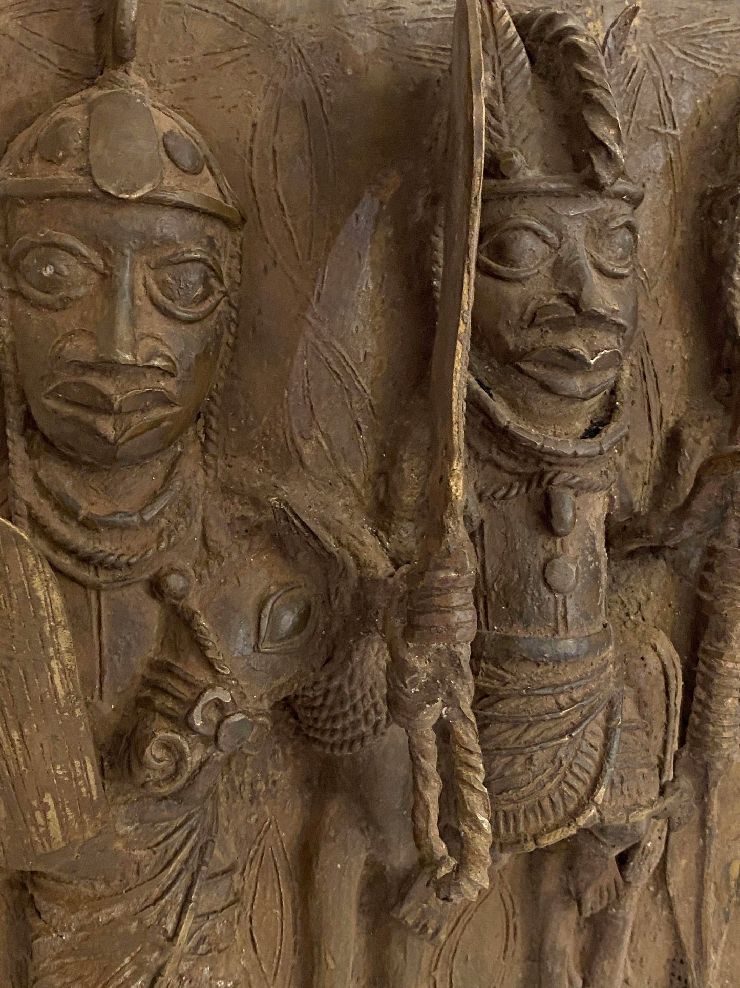 #3925 African Benin Bronze Plaque W/ Warriors 13.25" H