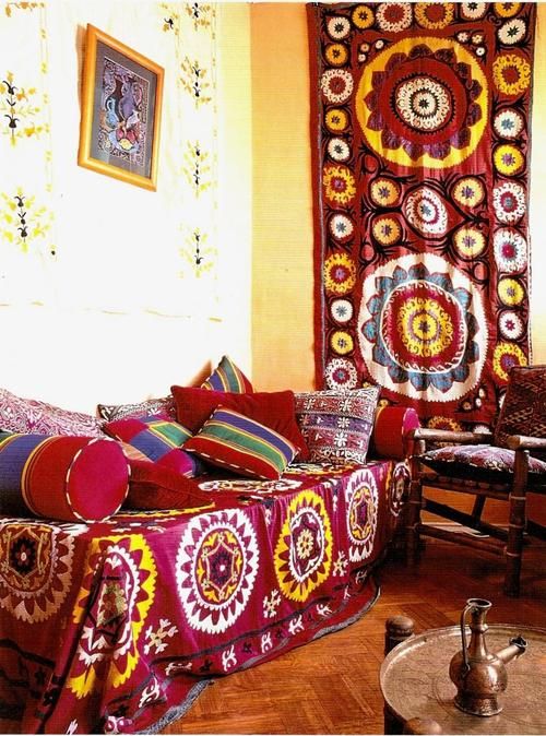 #5019  Custom Made Ottoman With Vintage Uzbeck Suzani Textile 16"D