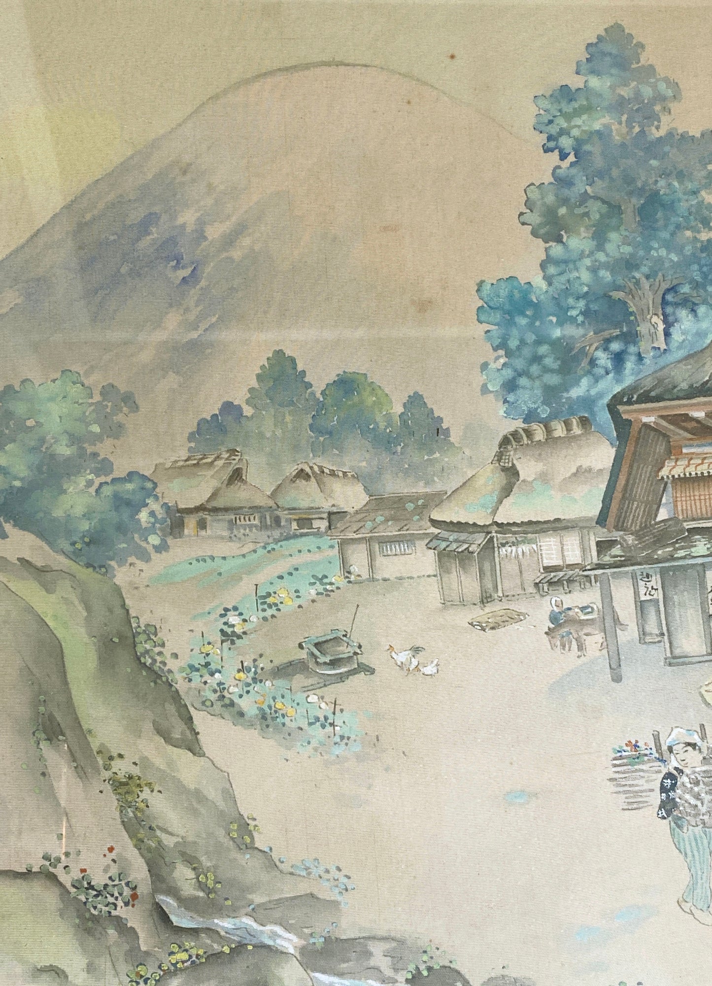 #6034 Old Water Color Painting on Chinese Silk Framed 22.5" H