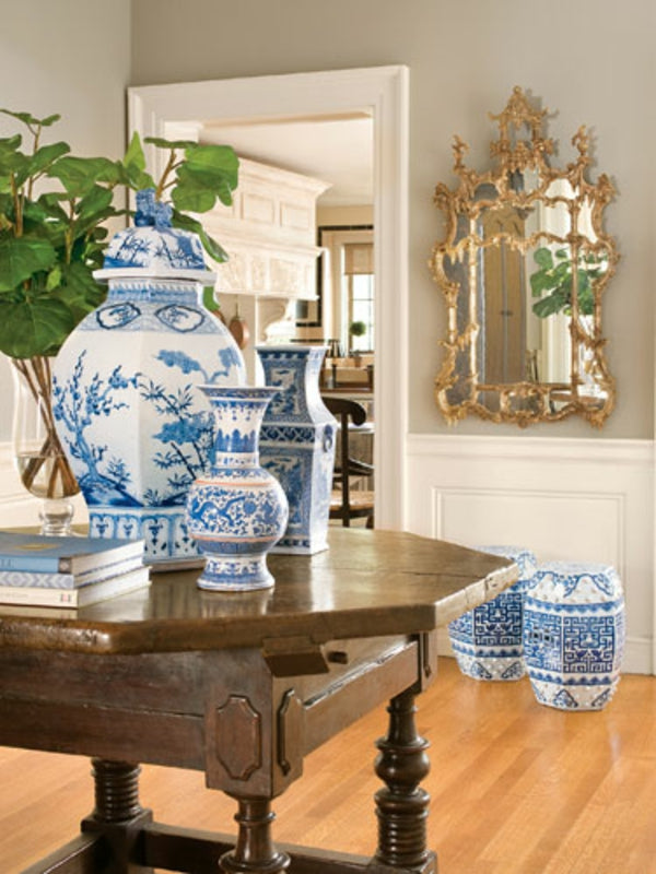 #1343 Vintage Lg Chinoiserie cobalt Blue & White Temple Ginger Jar 23" H