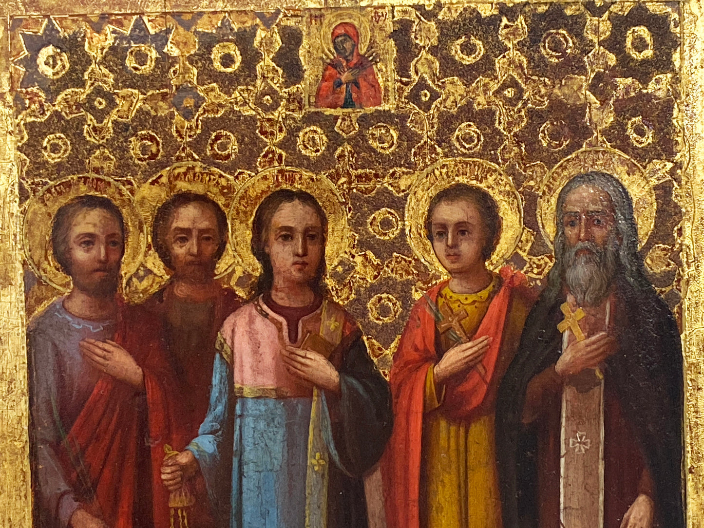 #6131 Antique Russian Icon Of Five Saints and the mother of God 9" H
