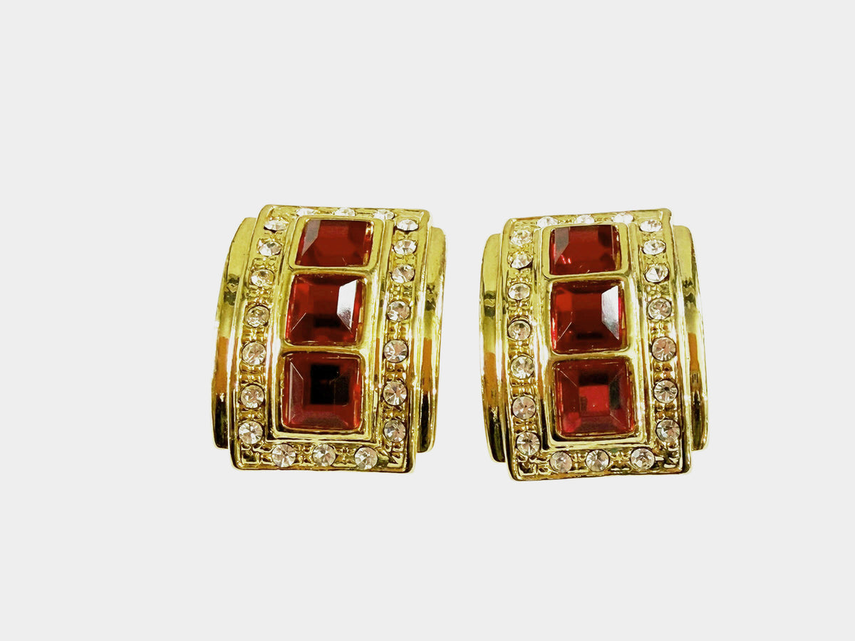 #42 Vintage Cilp -On Goldstone Rhinstone Ruby and Diamond Earrings