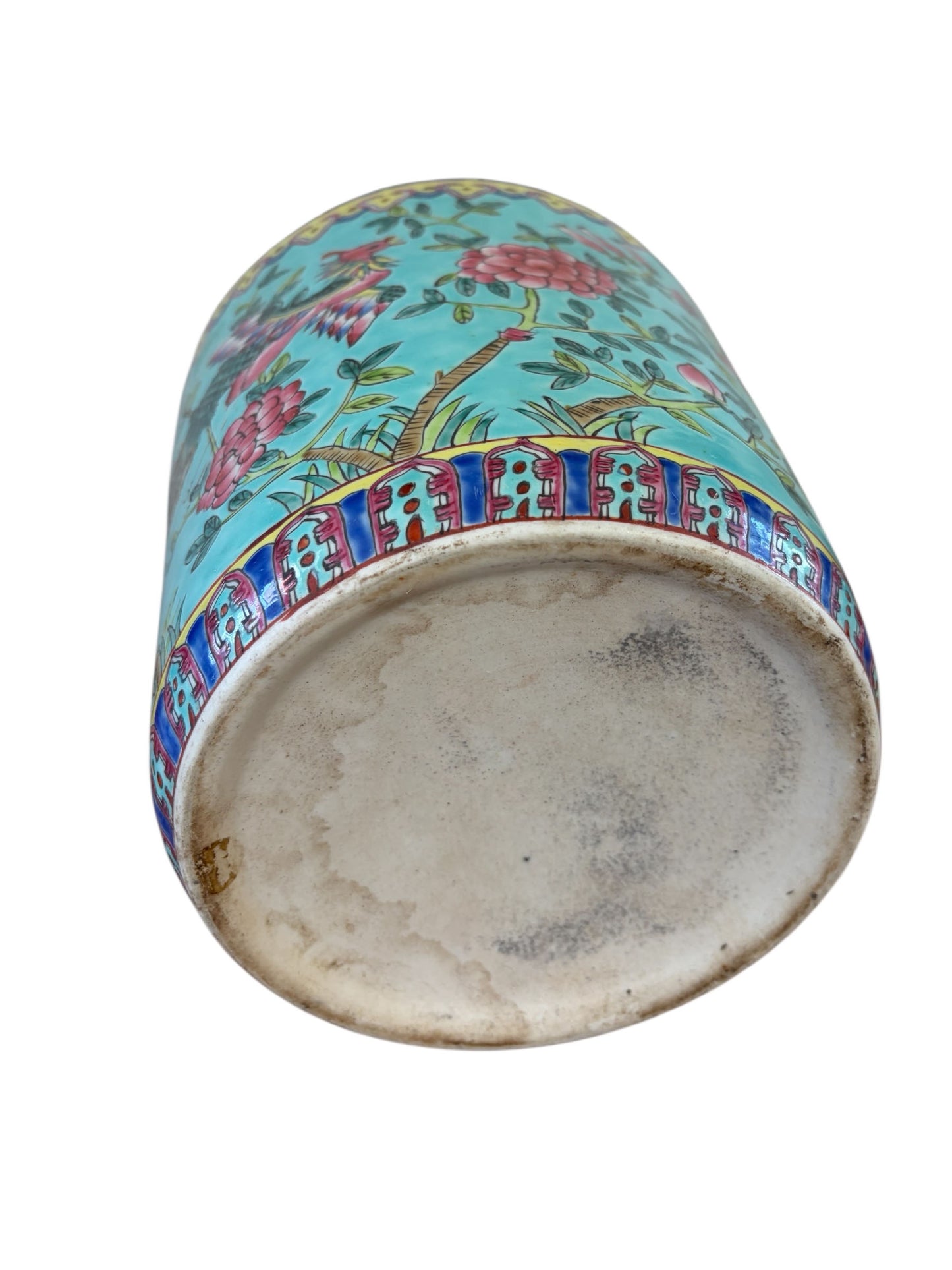 #5715 Vintage circa 1920 Chinoiserie Famille Rose Style Porcelain Cachepot with Turquoise Glaze 8"H