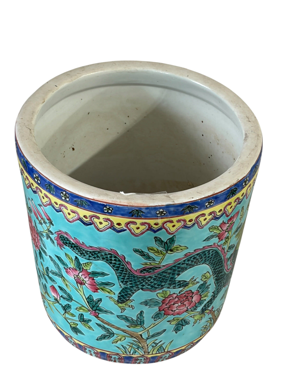 #5715 Vintage circa 1920 Chinoiserie Famille Rose Style Porcelain Cachepot with Turquoise Glaze 8"H