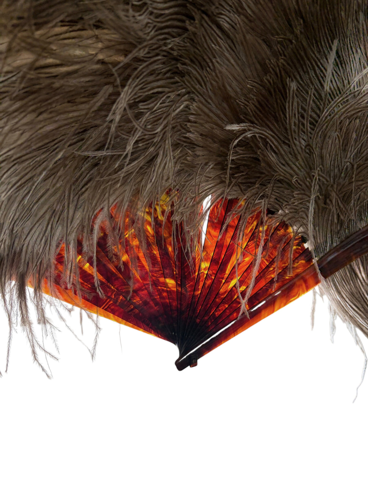 #6633 Antique Art Deco Folding hand fan W/ Natural Ostrich feathers and a faux-tortoiseshell 20" H