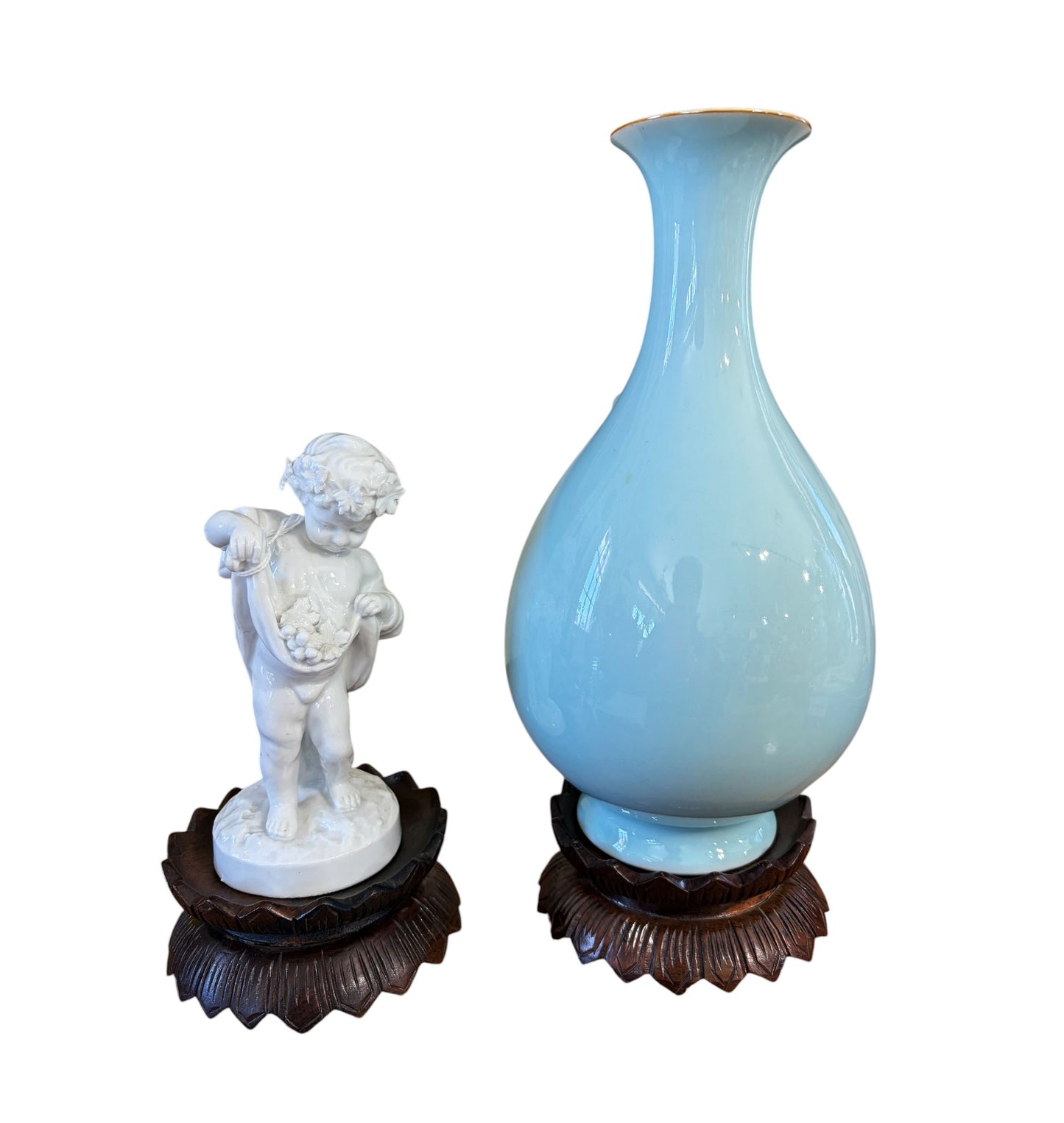 #4274 Pair of Vintage Chinoiserie solid stands wood in the graceful lotus flower form 4.5" D