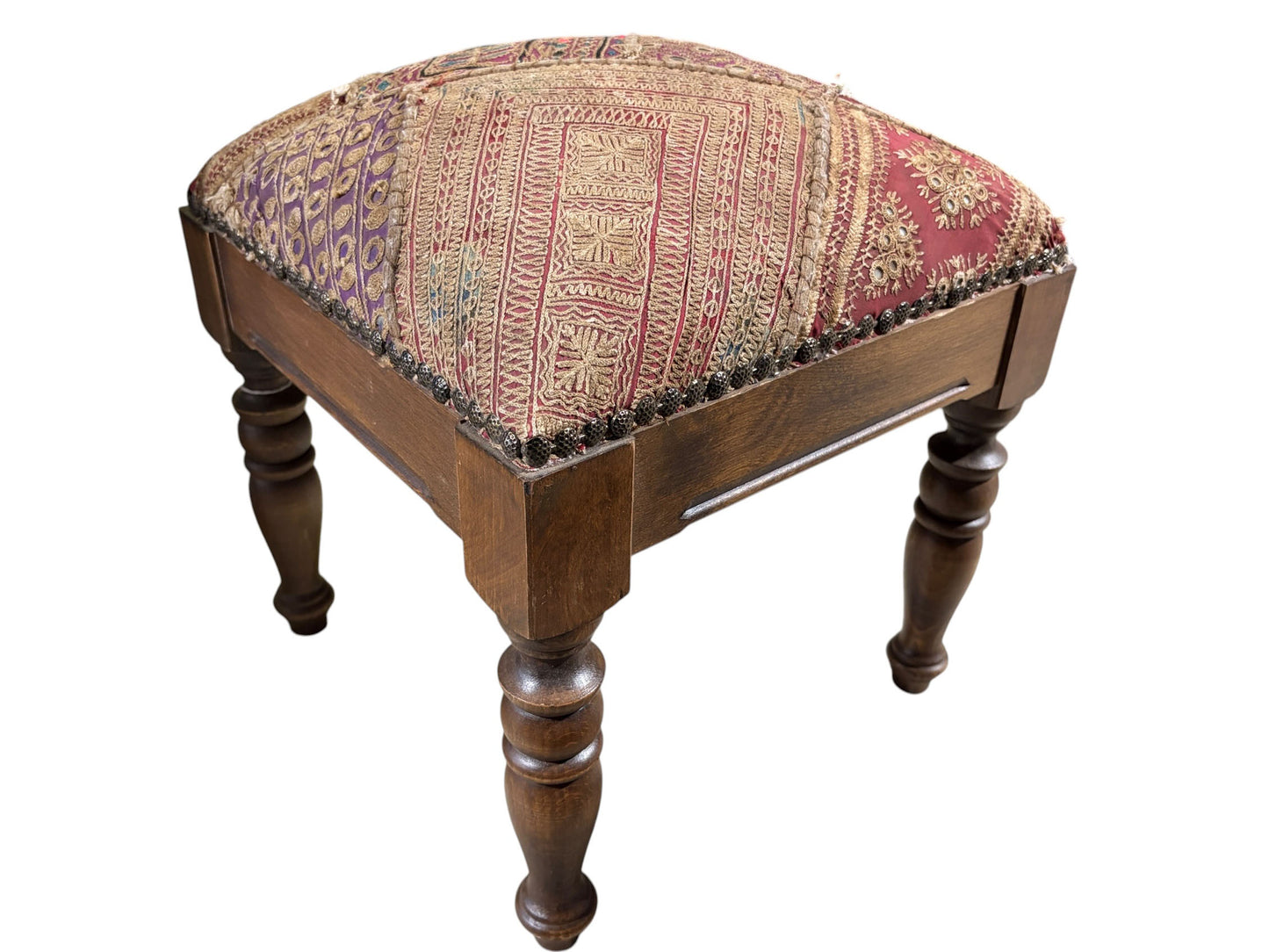 #7353A Vintage Stool/Footstool Upholstered W/Kutchi Indian Banjara Fabric W/ mirrors 16" H