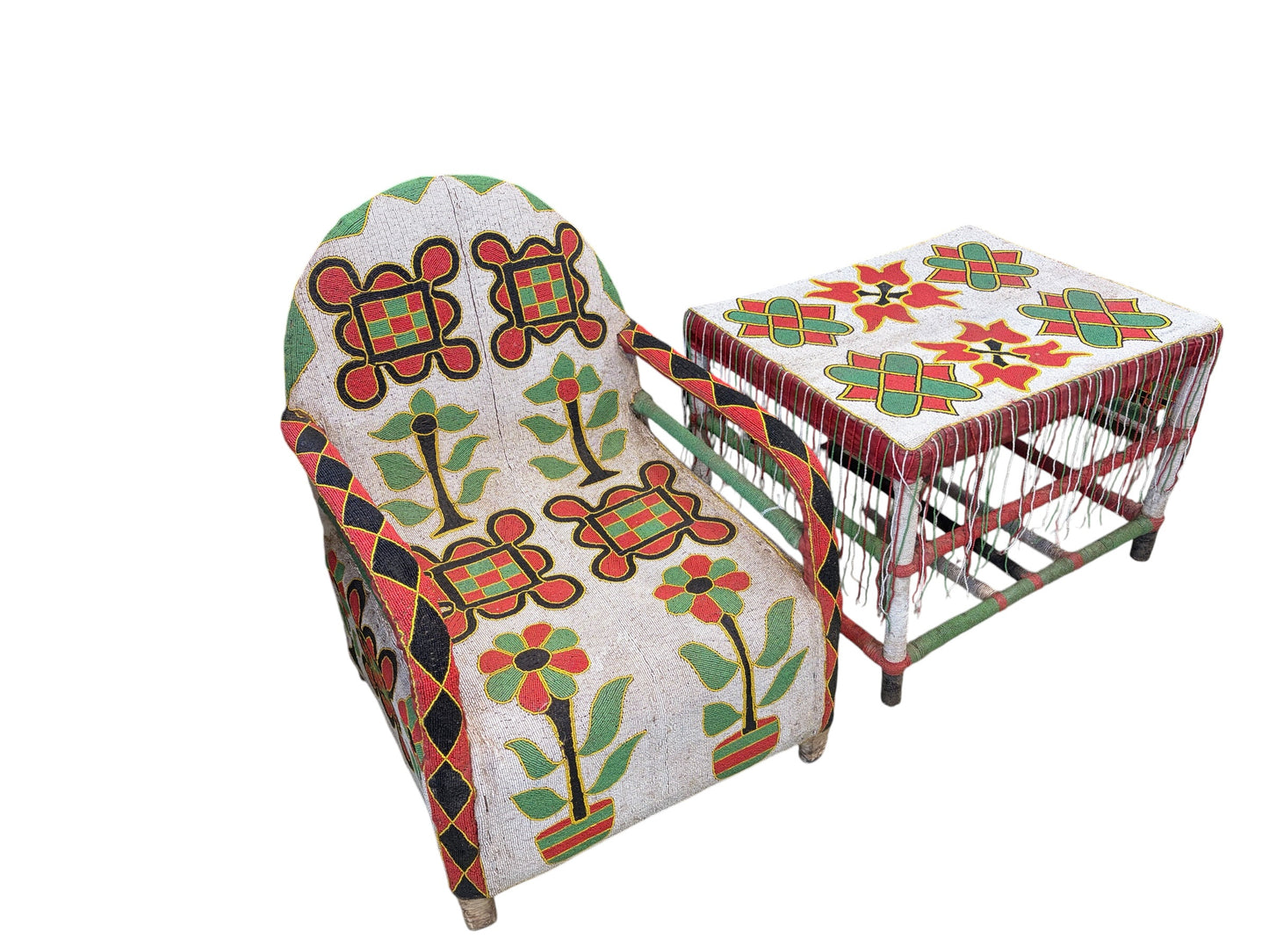 #1246 Vintage African Nigerian Small Yoruba Glass Beaded Chair sized for kids and teenagers.