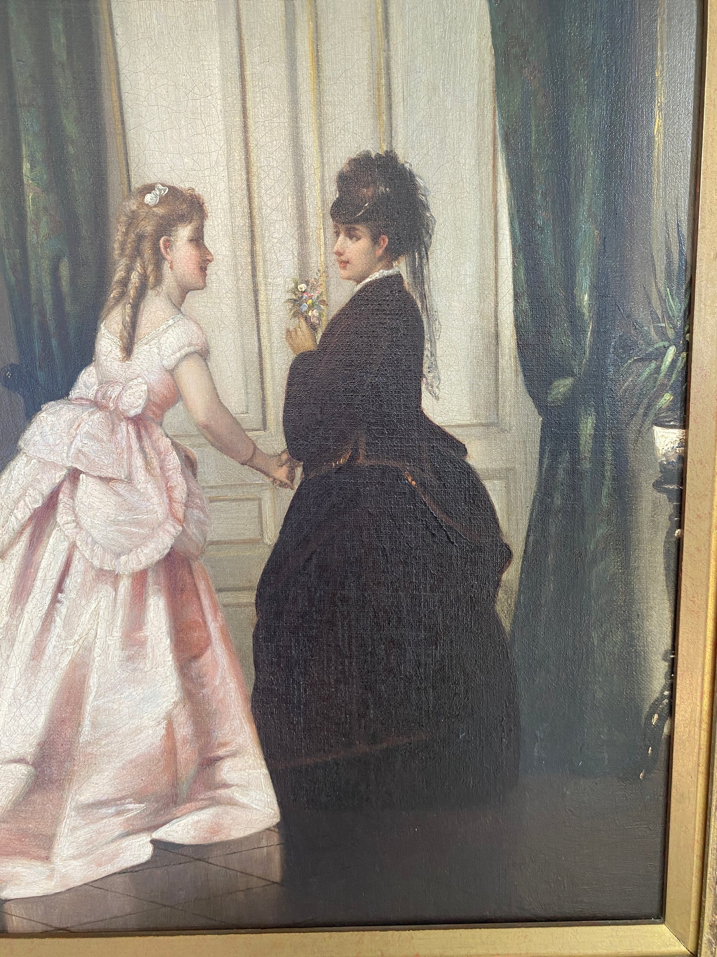 #6220 Antique French Oil on Canvas Painting Framed 21.5" H