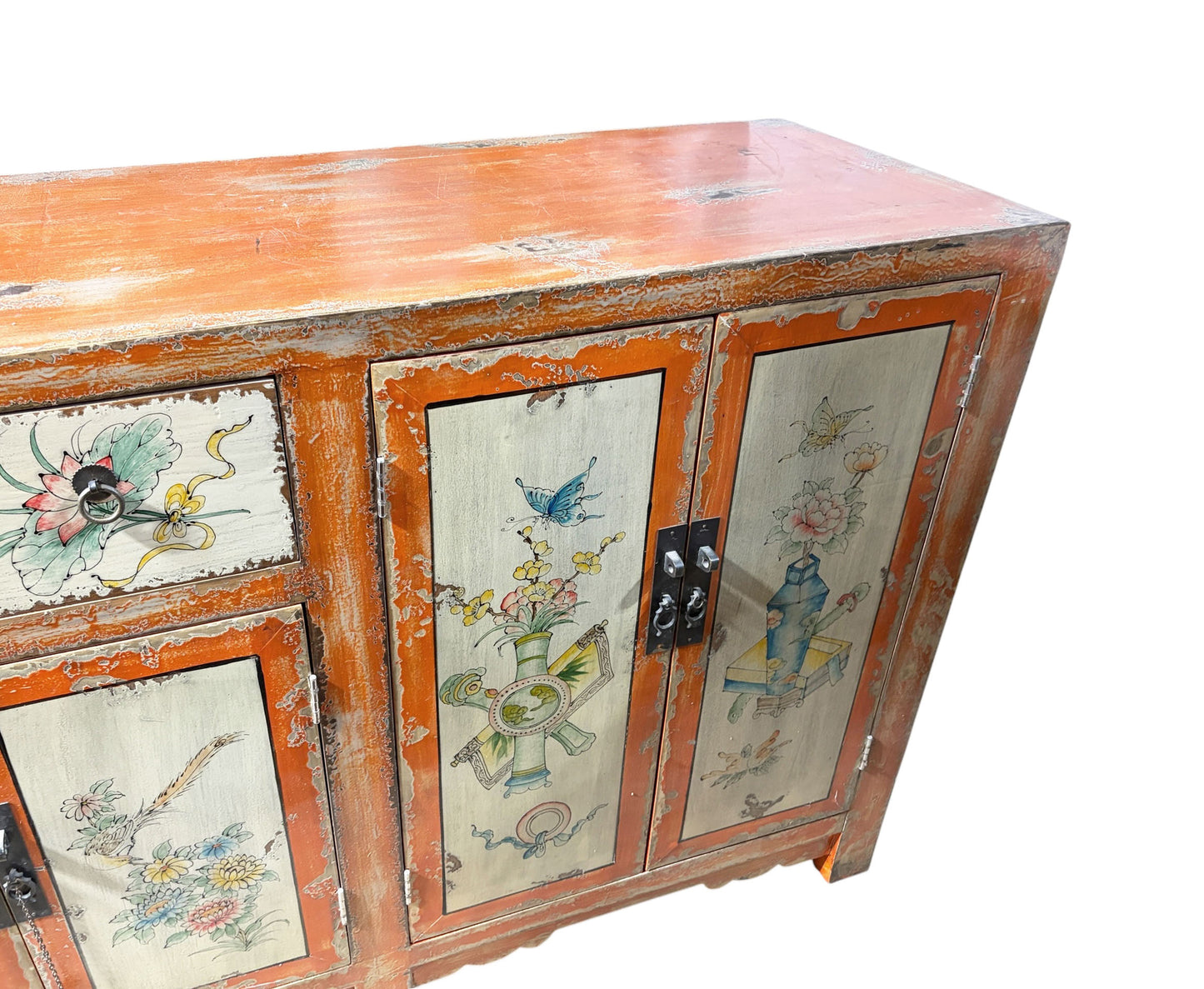 #2155 Vintage Mongolian Hand painted Elm Wood Cabinet W/ Six Doors
