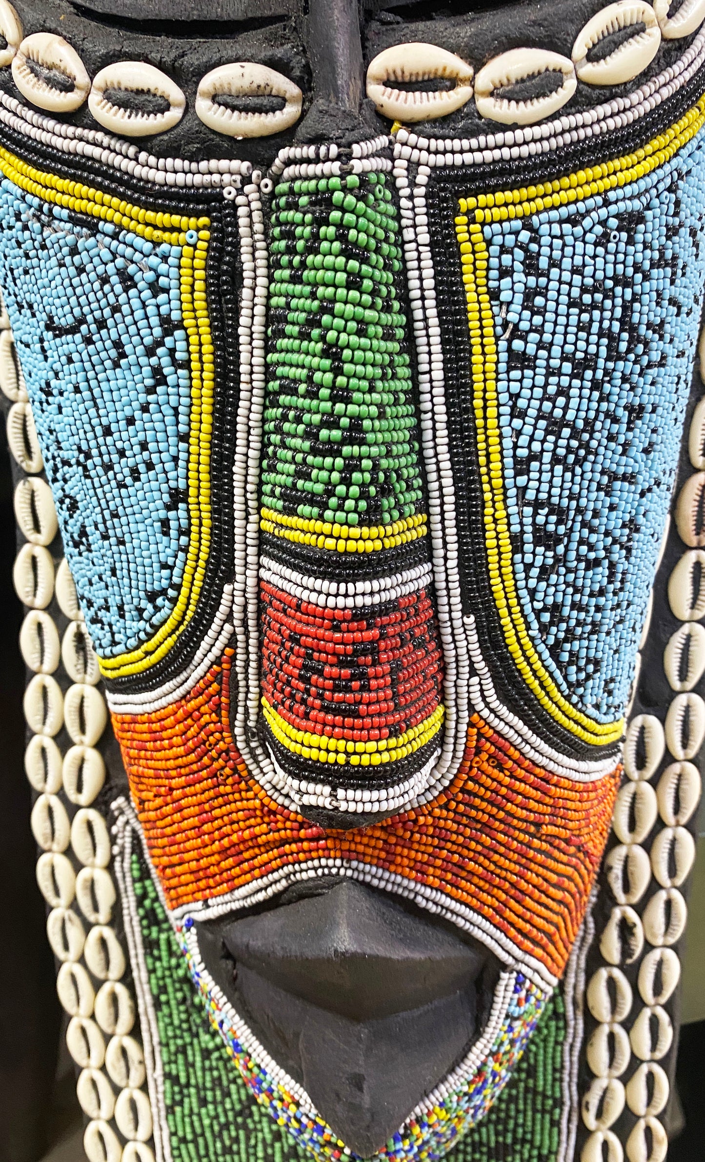 #6836 Large African Beaded Ghana Bakota Hand Carved Mask Wall Art 62.5" H