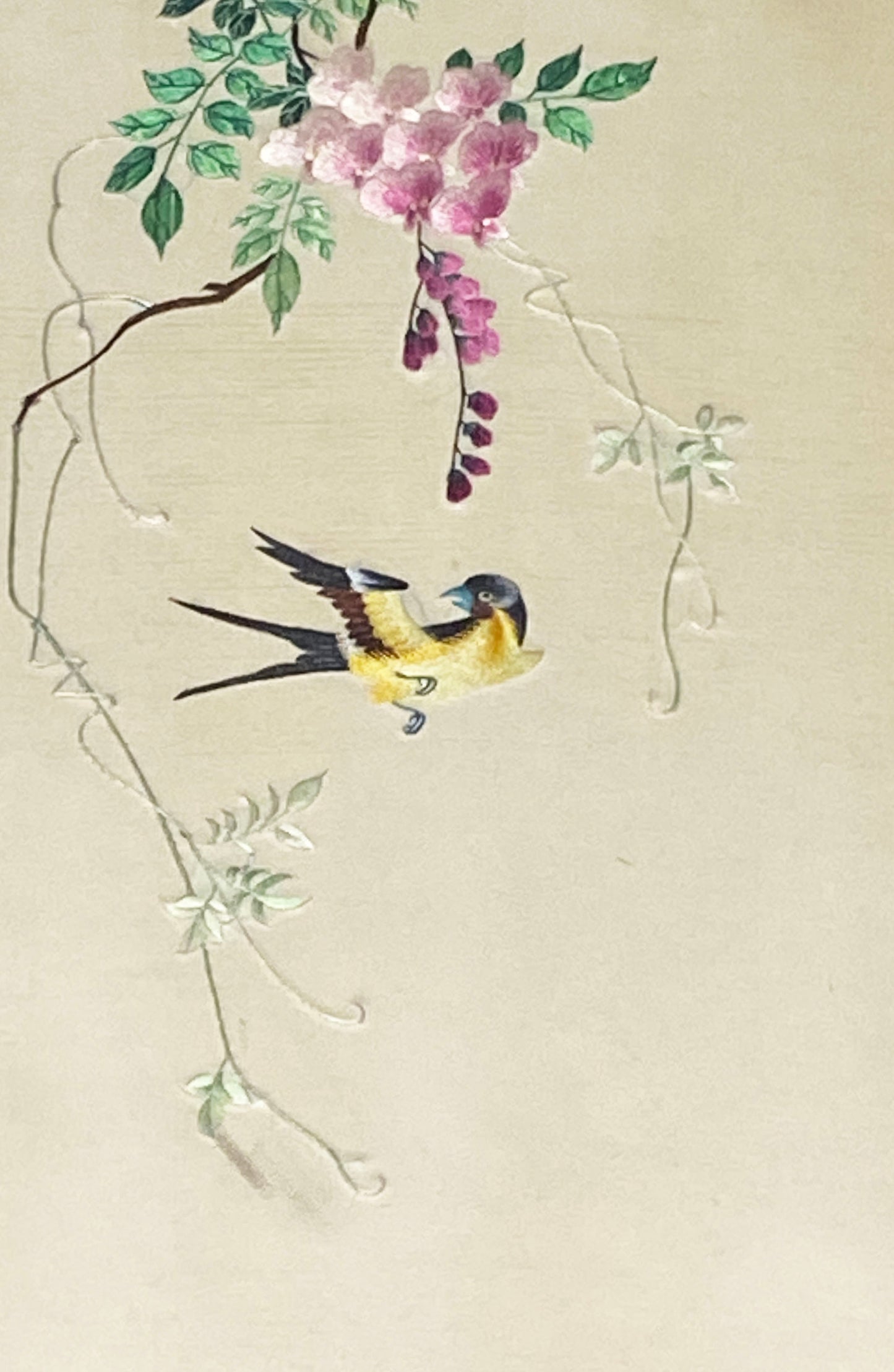 #6011 Vintage Hand Embroidered Chinese Cream Silk Panel Picture With Birds Framed 41" H