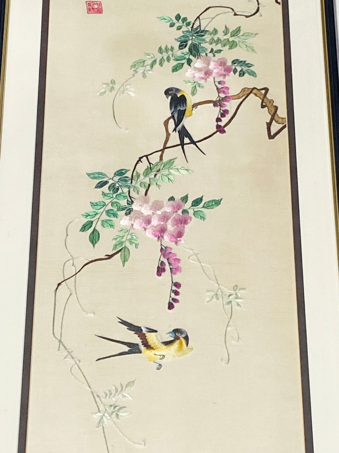 #6011 Vintage Hand Embroidered Chinese Cream Silk Panel Picture With Birds Framed 41" H