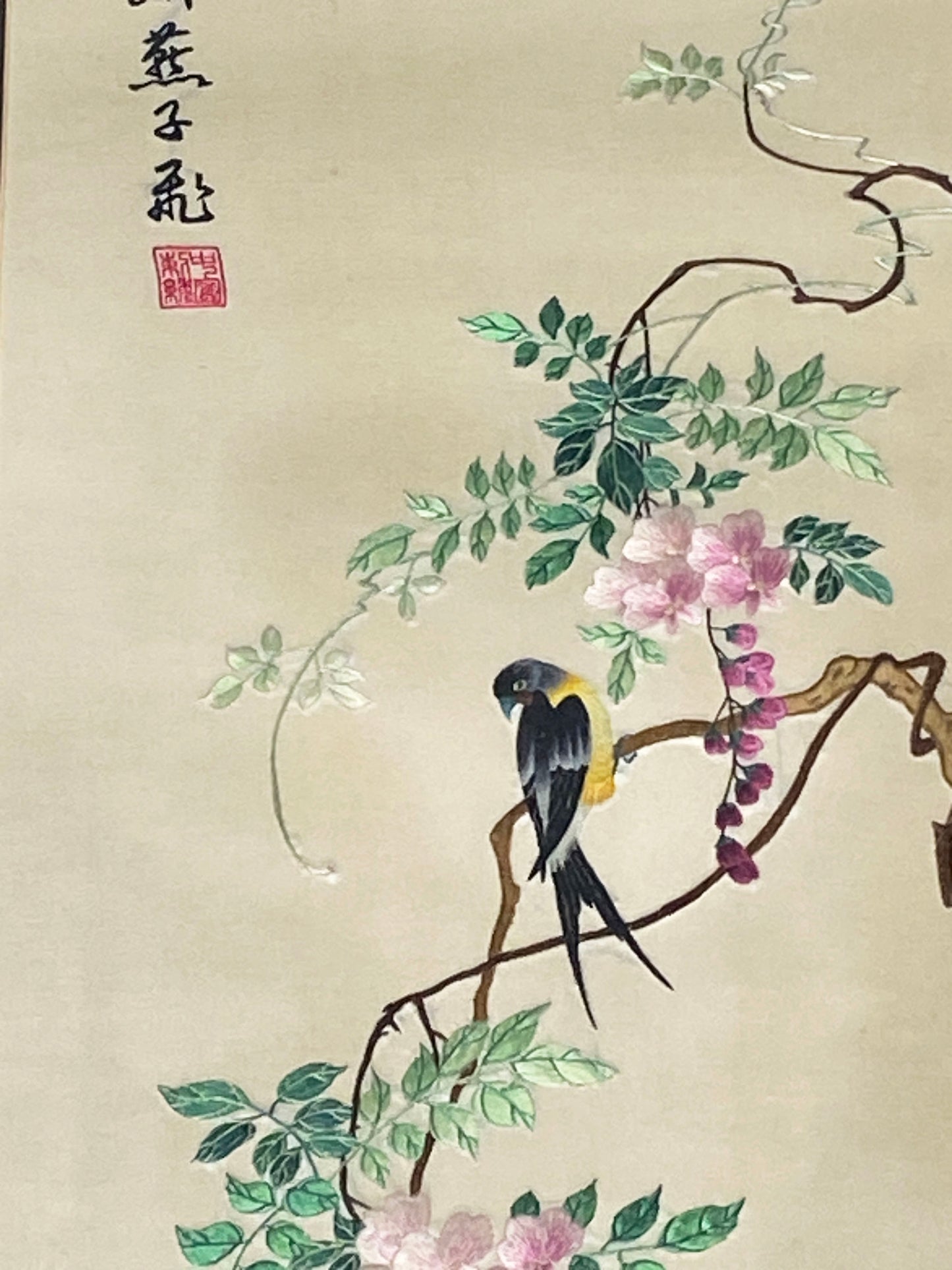#6011 Vintage Hand Embroidered Chinese Cream Silk Panel Picture With Birds Framed 41" H
