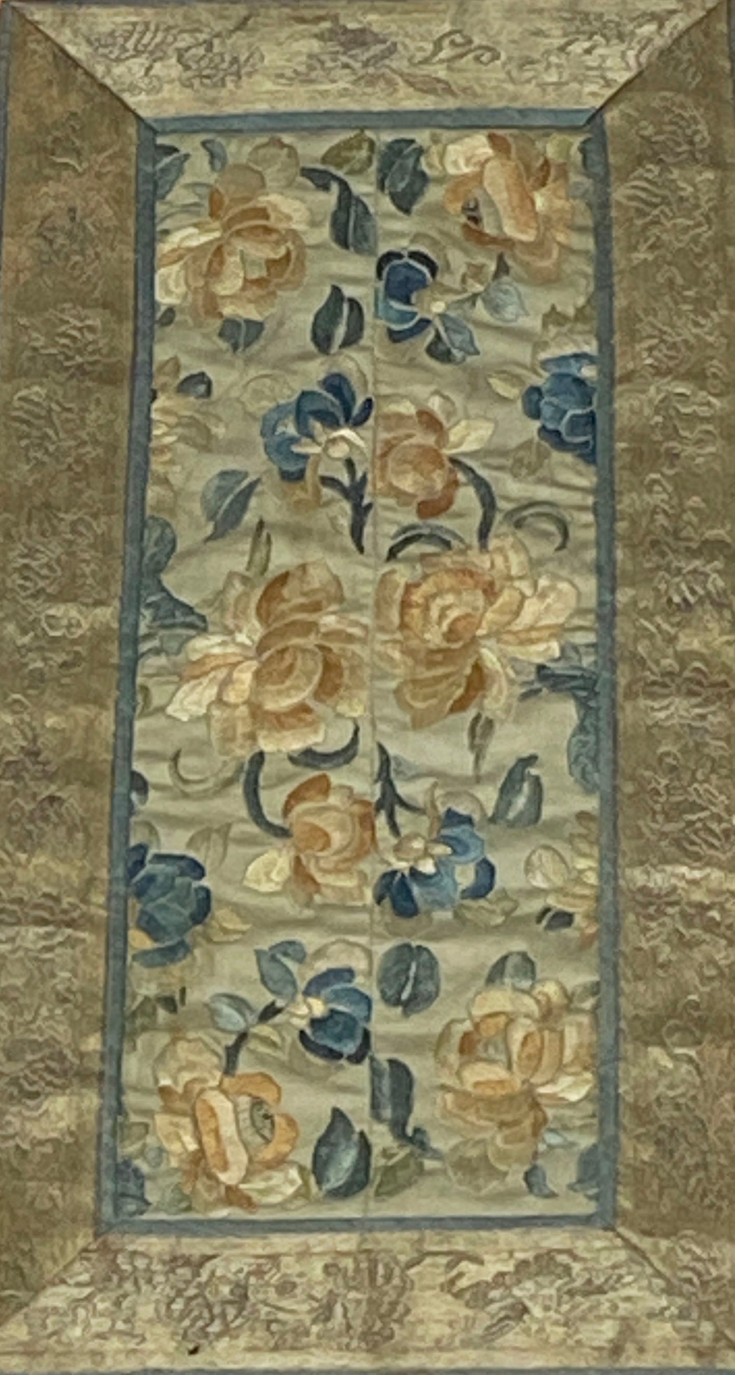 #6015 Chinese Silk Embroidery Panel 19th Century Framed 24.5" H