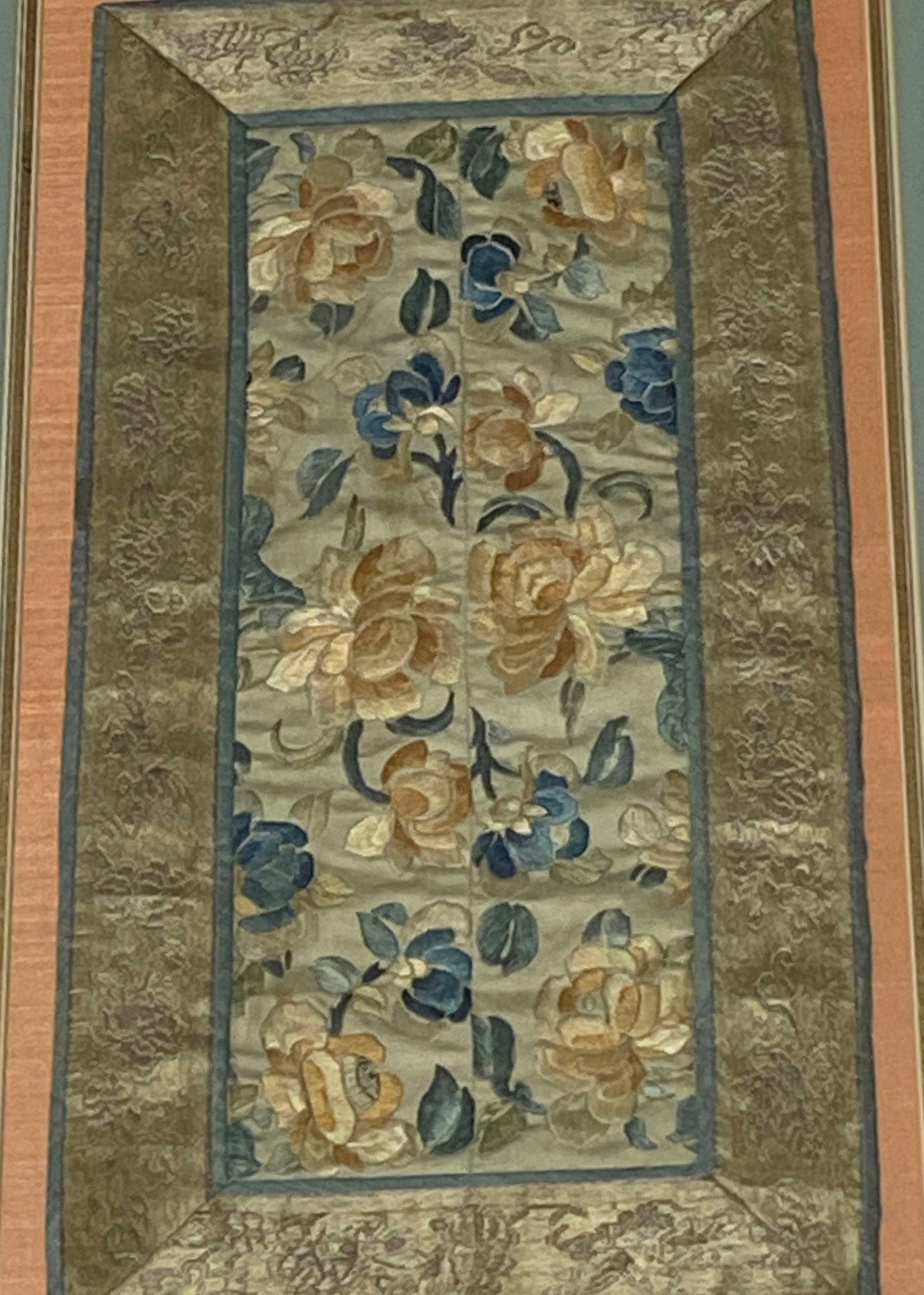 #6015 Chinese Silk Embroidery Panel 19th Century Framed 24.5" H