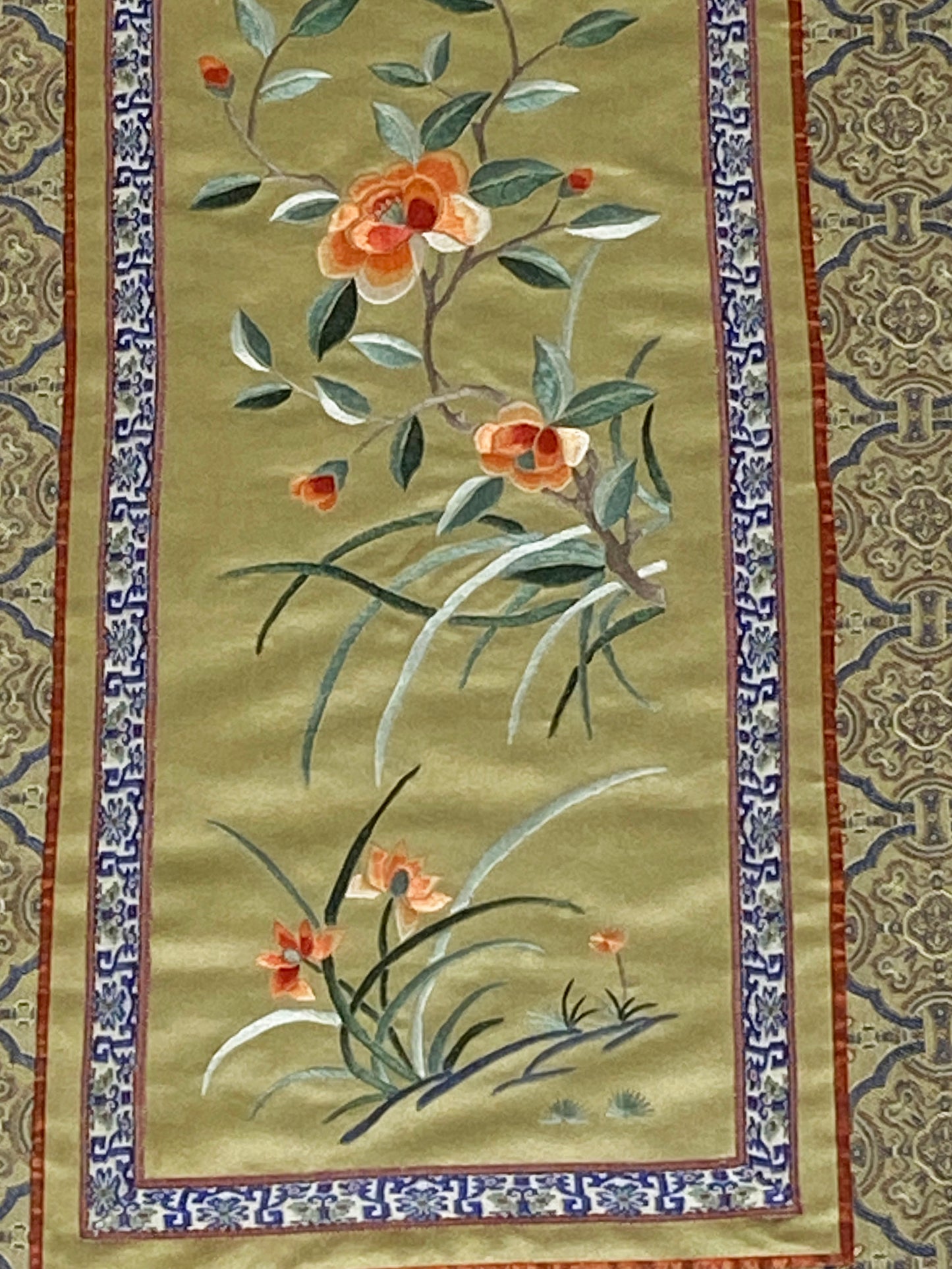 #6036 Chinese Silk Embroidery Panel 19th Century Framed 24" H