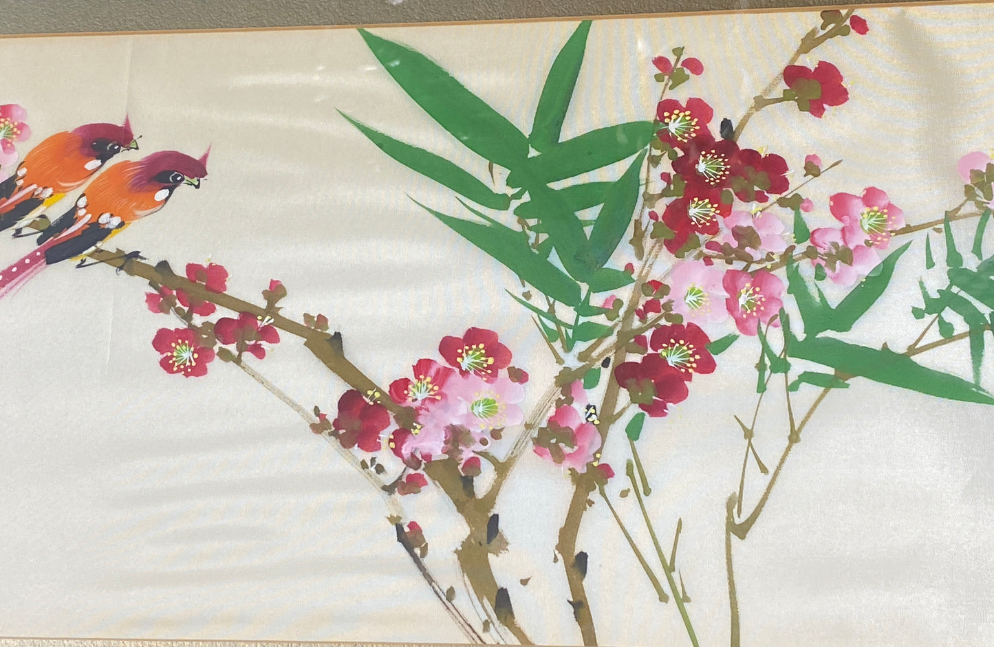 #6021 Vintage Chinoiserie Hand Painted Silk Framed 30" W