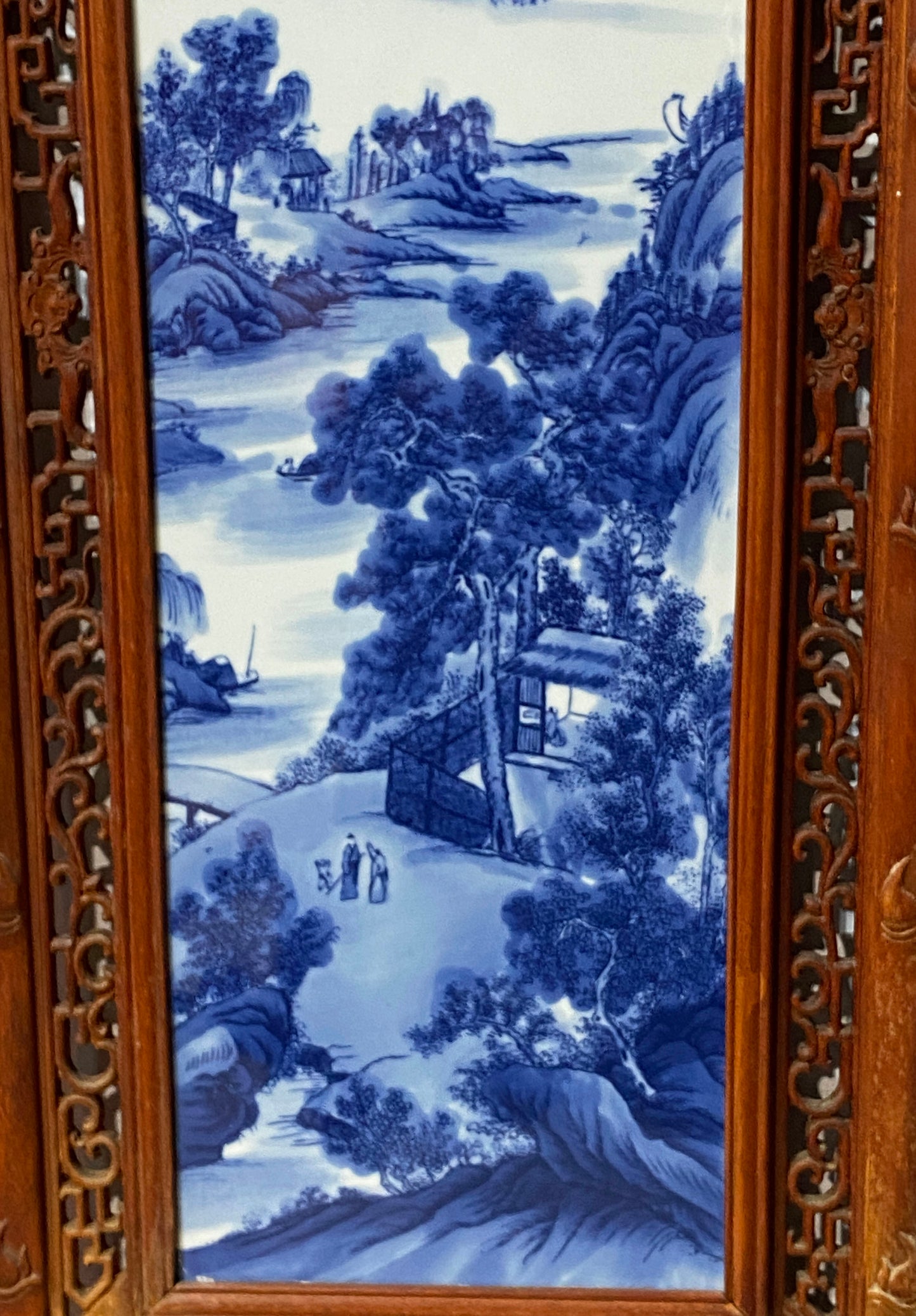 #5535  Superb LG Chinese  Blue and White Porcelain Wood Panel 49" H