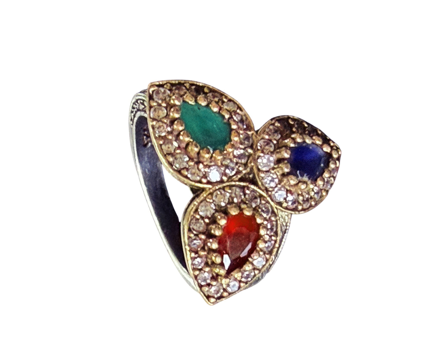 #143 Vintage Simulated Ruby, Emerald, Sapphire & Diamond Ring - 925 Sterling Silver Size 8